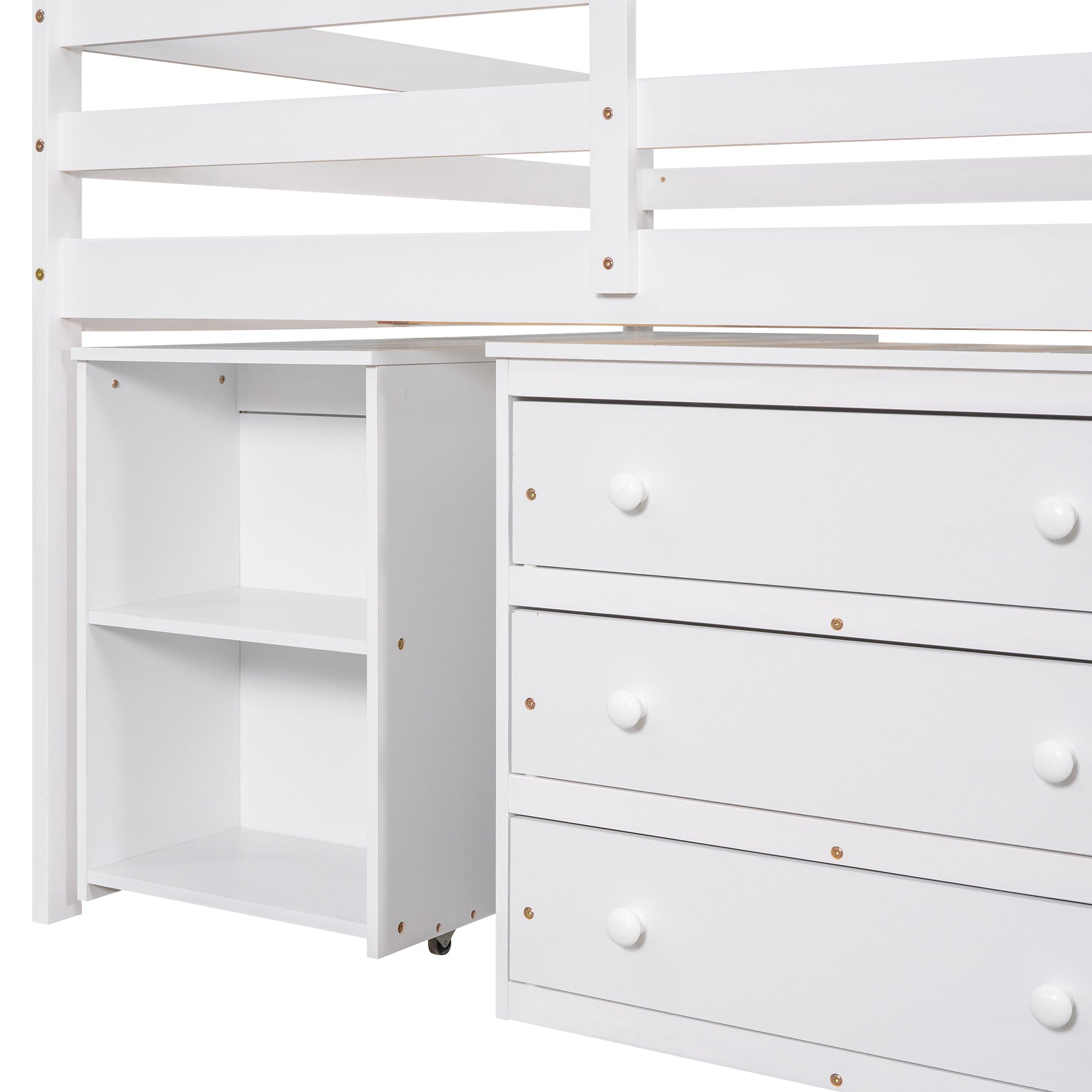 Low Study Full Loft Bed With Cabinet ,Shelves And Rolling Portable Desk ,Multiple Functions Bed White White Solid Wood