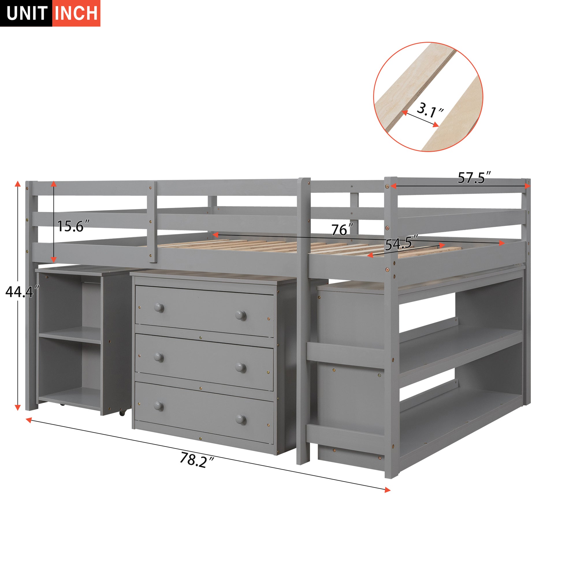 Low Study Full Loft Bed With Cabinet ,Shelves And Rolling Portable Desk ,Multiple Functions Bed Gray Gray Solid Wood