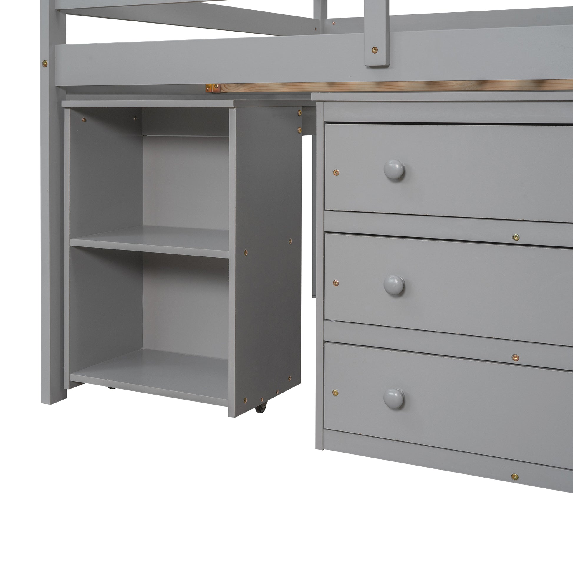 Low Study Full Loft Bed With Cabinet ,Shelves And Rolling Portable Desk ,Multiple Functions Bed Gray Gray Solid Wood