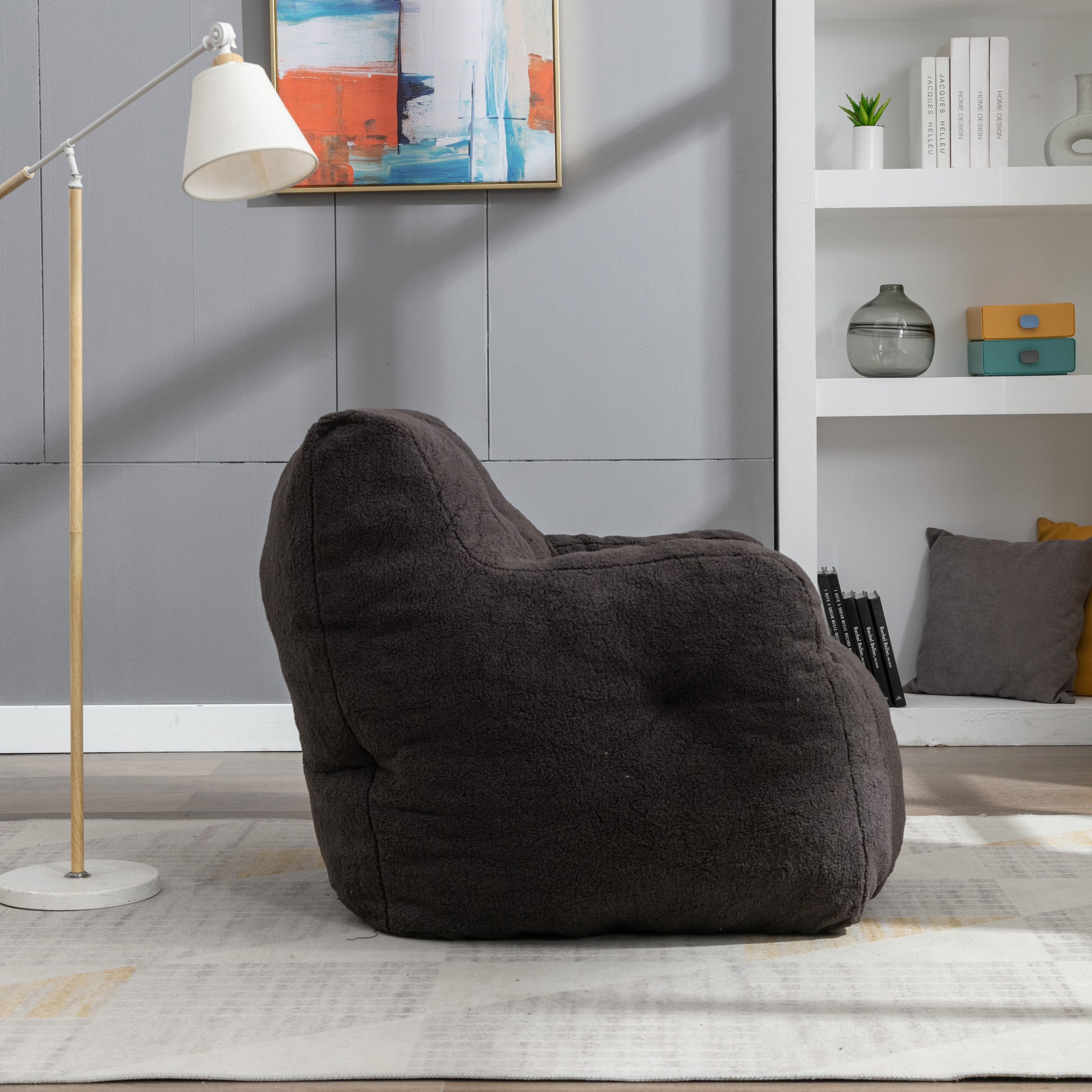 010 Soft Teddy Fabric Tufted Foam Bean Bag Chair With Teddy Fabric Dark Gray Dark Gray Primary Living Space Soft Modern Memory Foam Teddy