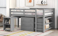Low Study Full Loft Bed With Cabinet ,Shelves And Rolling Portable Desk ,Multiple Functions Bed Gray Gray Solid Wood