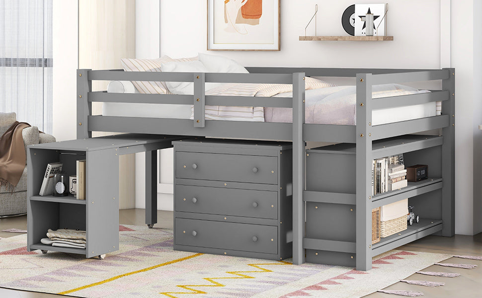 Low Study Full Loft Bed With Cabinet ,Shelves And Rolling Portable Desk ,Multiple Functions Bed Gray Gray Solid Wood