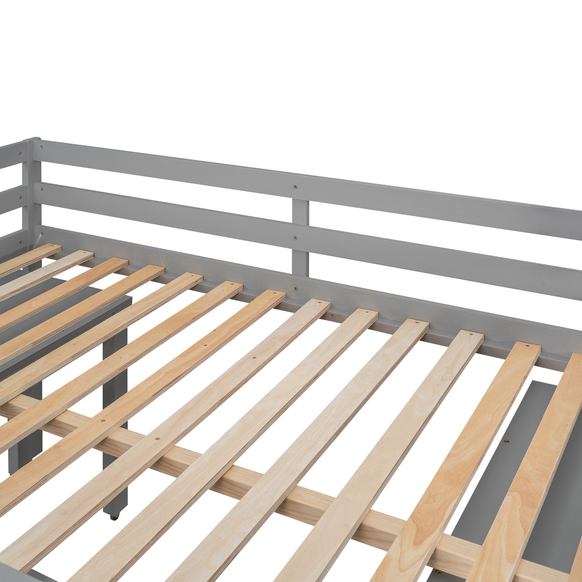 Low Study Full Loft Bed With Cabinet ,Shelves And Rolling Portable Desk ,Multiple Functions Bed Gray Gray Solid Wood