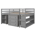 Low Study Full Loft Bed With Cabinet ,Shelves And Rolling Portable Desk ,Multiple Functions Bed Gray Gray Solid Wood