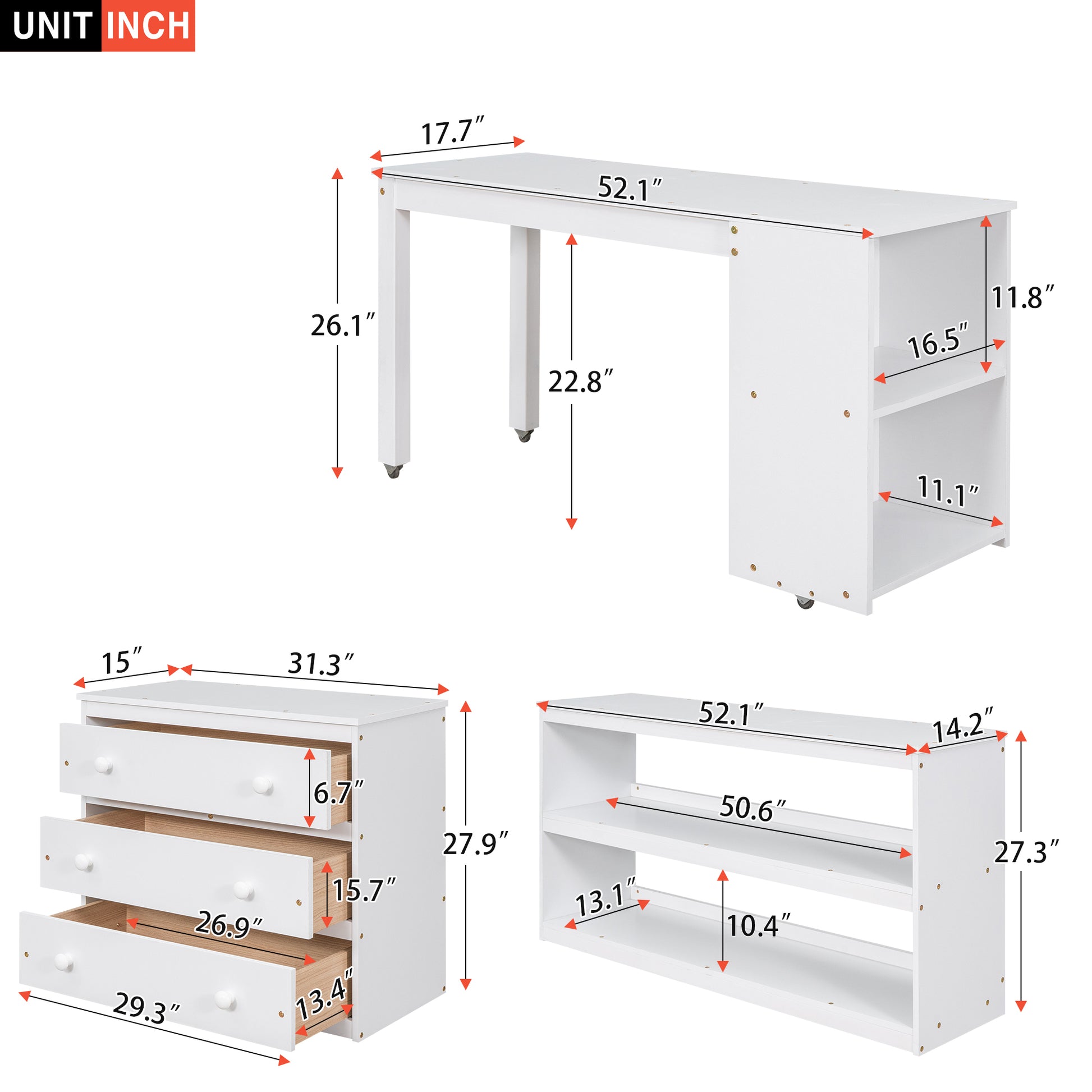 Low Study Full Loft Bed With Cabinet ,Shelves And Rolling Portable Desk ,Multiple Functions Bed White White Solid Wood