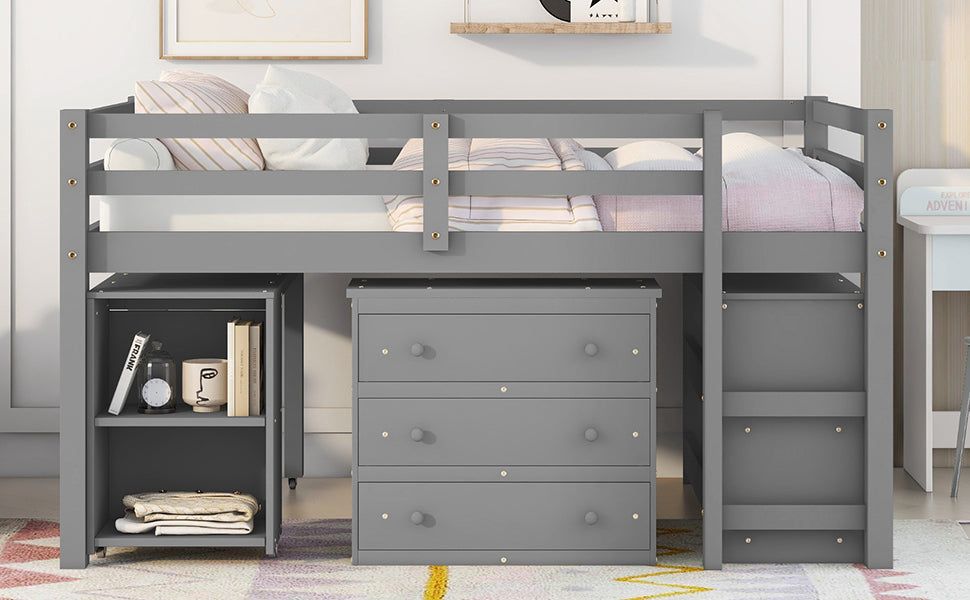 Low Study Full Loft Bed With Cabinet ,Shelves And Rolling Portable Desk ,Multiple Functions Bed Gray Gray Solid Wood