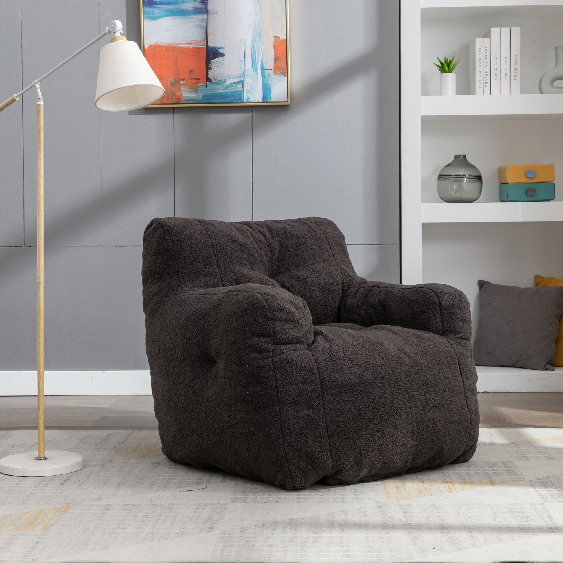 010 Soft Teddy Fabric Tufted Foam Bean Bag Chair With Teddy Fabric Dark Gray Dark Gray Primary Living Space Soft Modern Memory Foam Teddy