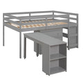 Low Study Full Loft Bed With Cabinet ,Shelves And Rolling Portable Desk ,Multiple Functions Bed Gray Gray Solid Wood