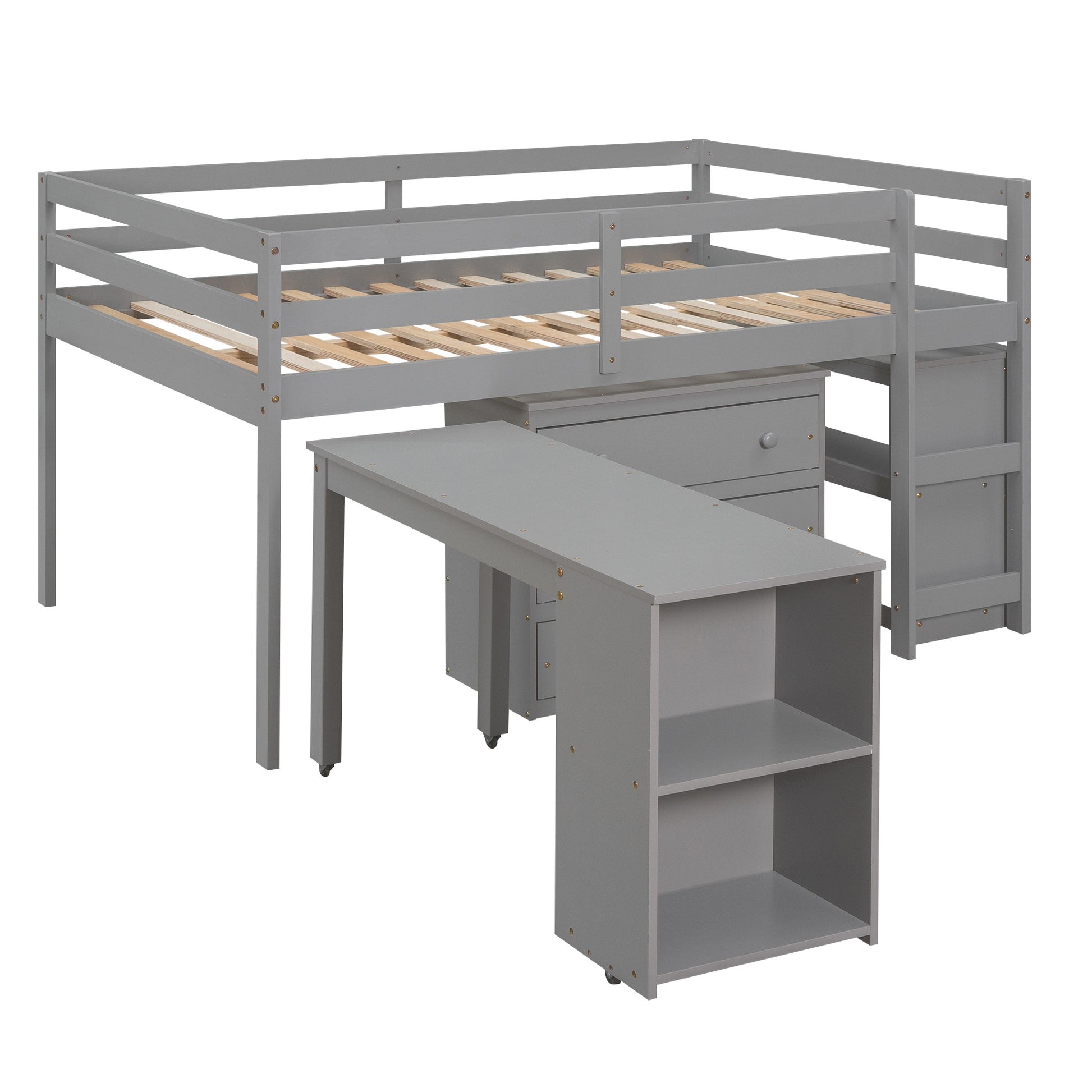 Low Study Full Loft Bed With Cabinet ,Shelves And Rolling Portable Desk ,Multiple Functions Bed Gray Gray Solid Wood