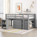Low Study Full Loft Bed With Cabinet ,Shelves And Rolling Portable Desk ,Multiple Functions Bed Gray Gray Solid Wood