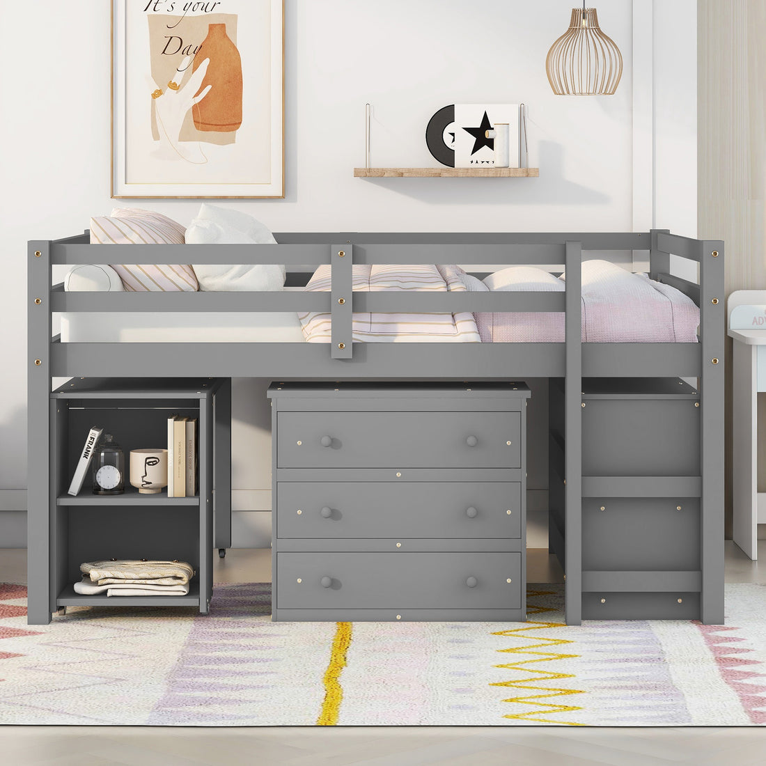 Low Study Full Loft Bed With Cabinet ,Shelves And Rolling Portable Desk ,Multiple Functions Bed Gray Gray Solid Wood
