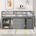 Low Study Full Loft Bed With Cabinet ,Shelves And Rolling Portable Desk ,Multiple Functions Bed Gray Gray Solid Wood