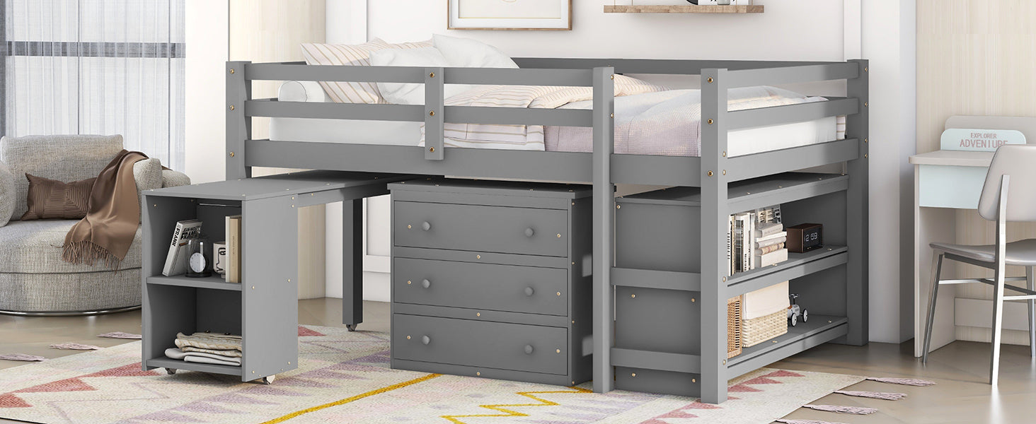 Low Study Full Loft Bed With Cabinet ,Shelves And Rolling Portable Desk ,Multiple Functions Bed Gray Gray Solid Wood