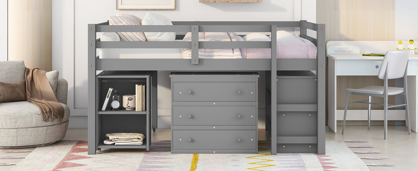 Low Study Full Loft Bed With Cabinet ,Shelves And Rolling Portable Desk ,Multiple Functions Bed Gray Gray Solid Wood
