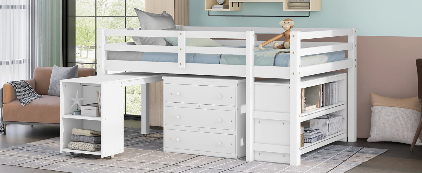 Low Study Full Loft Bed With Cabinet ,Shelves And Rolling Portable Desk ,Multiple Functions Bed White White Solid Wood