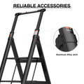 3 Step Ladder, Retractable Handgrip Folding Step Stool With Anti Slip Wide Pedal, Aluminum Stool Ladders 3 Steps, 300Lbs Safety Household Ladder Black Pc Aluminium