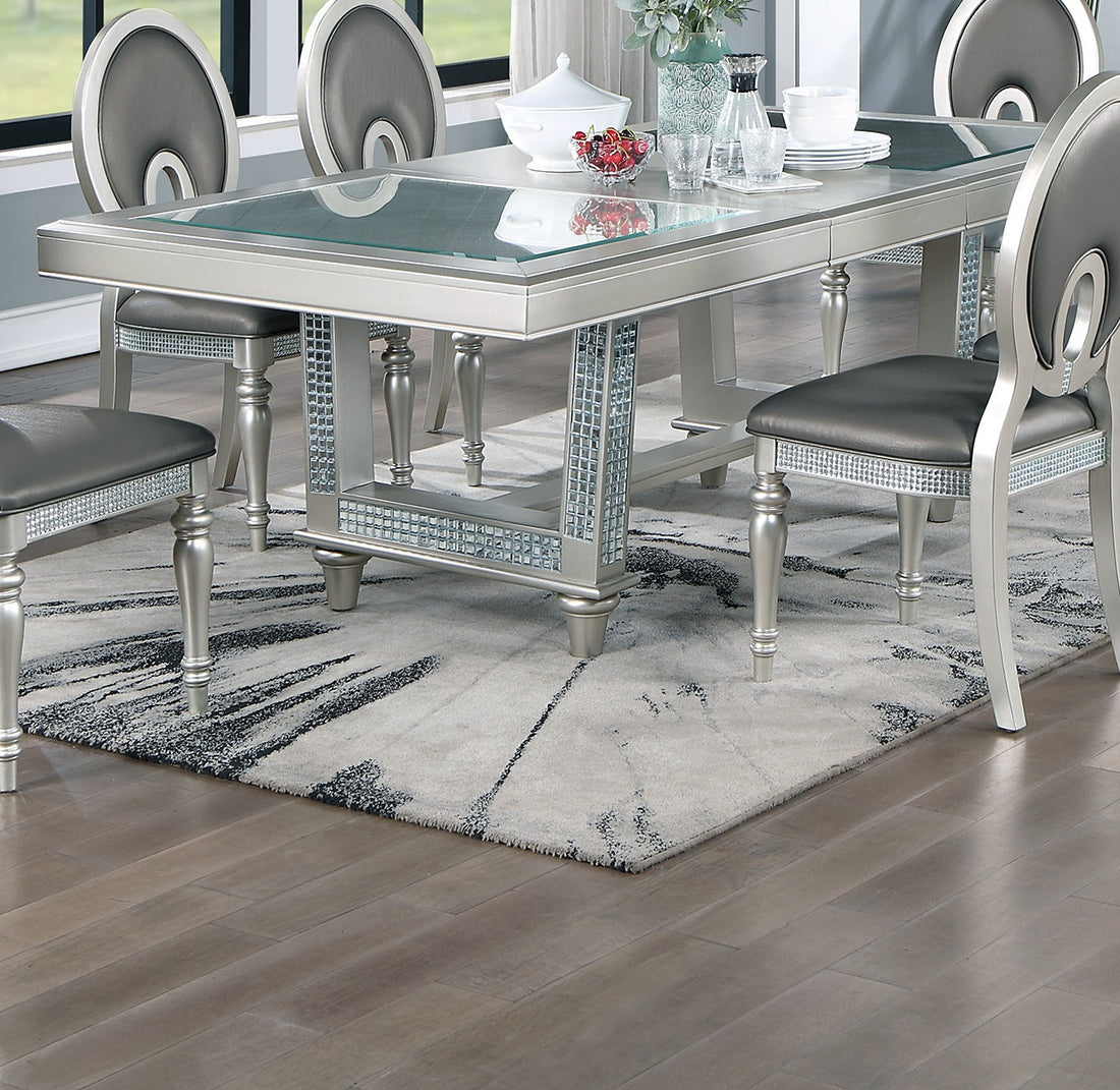 Antique Traditional Dining Table And 6 Side Chairs Rectangle Table Top W Glass Insert Leaf Cut Out Back Chairs Kitchen Formal 7Pc Set Dining Room Furniture Silver Gray Dining Room
