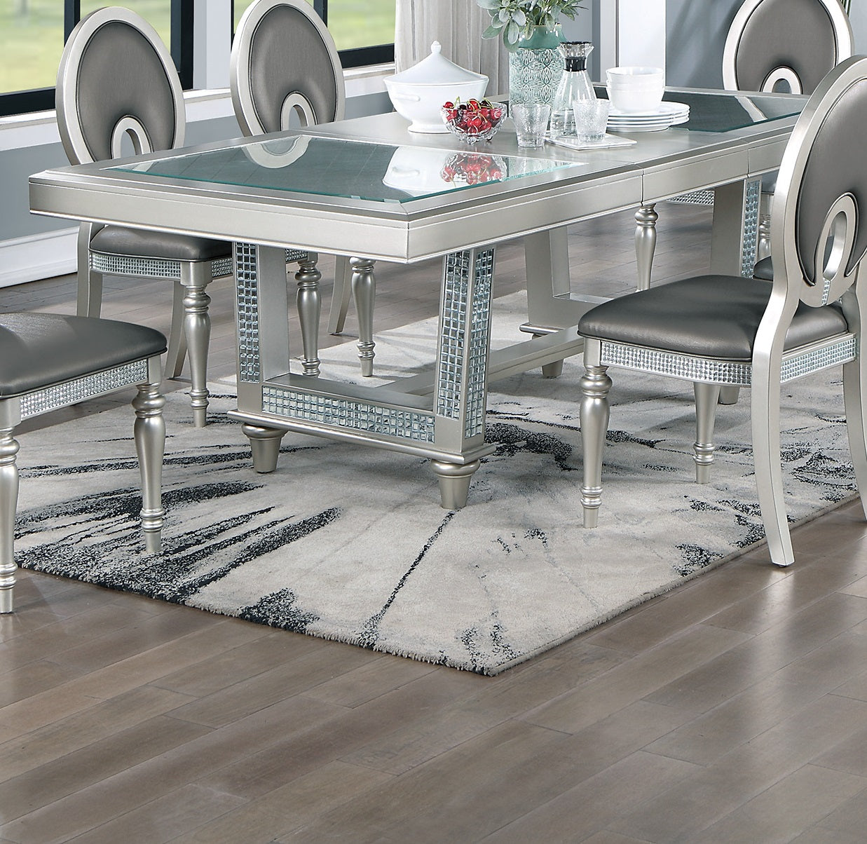 Antique Traditional Dining Table And 6 Side Chairs Rectangle Table Top W Glass Insert Leaf Cut Out Back Chairs Kitchen Formal 7Pc Set Dining Room Furniture Silver Gray Dining Room