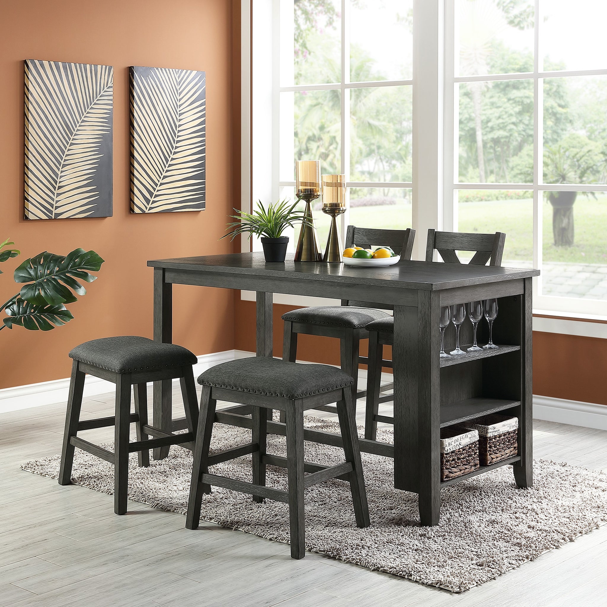 Modern Gray Finish 5Pc Counter Height High Dining Table W Storage Shelves High Chairs And Stools Wooden Kitchen Breakfast Table Dining Room Furniture Gray Wash Dining Room Classic,Contemporary Kitchen & Dining Tables Solid Wood