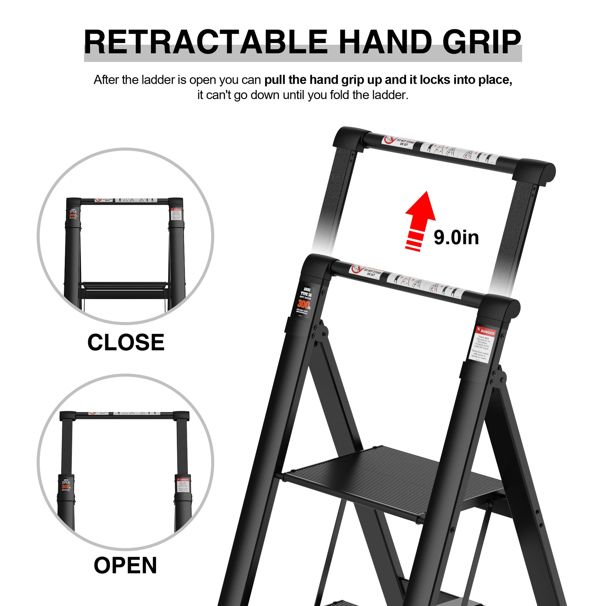 3 Step Ladder, Retractable Handgrip Folding Step Stool With Anti Slip Wide Pedal, Aluminum Stool Ladders 3 Steps, 300Lbs Safety Household Ladder Black Pc Aluminium