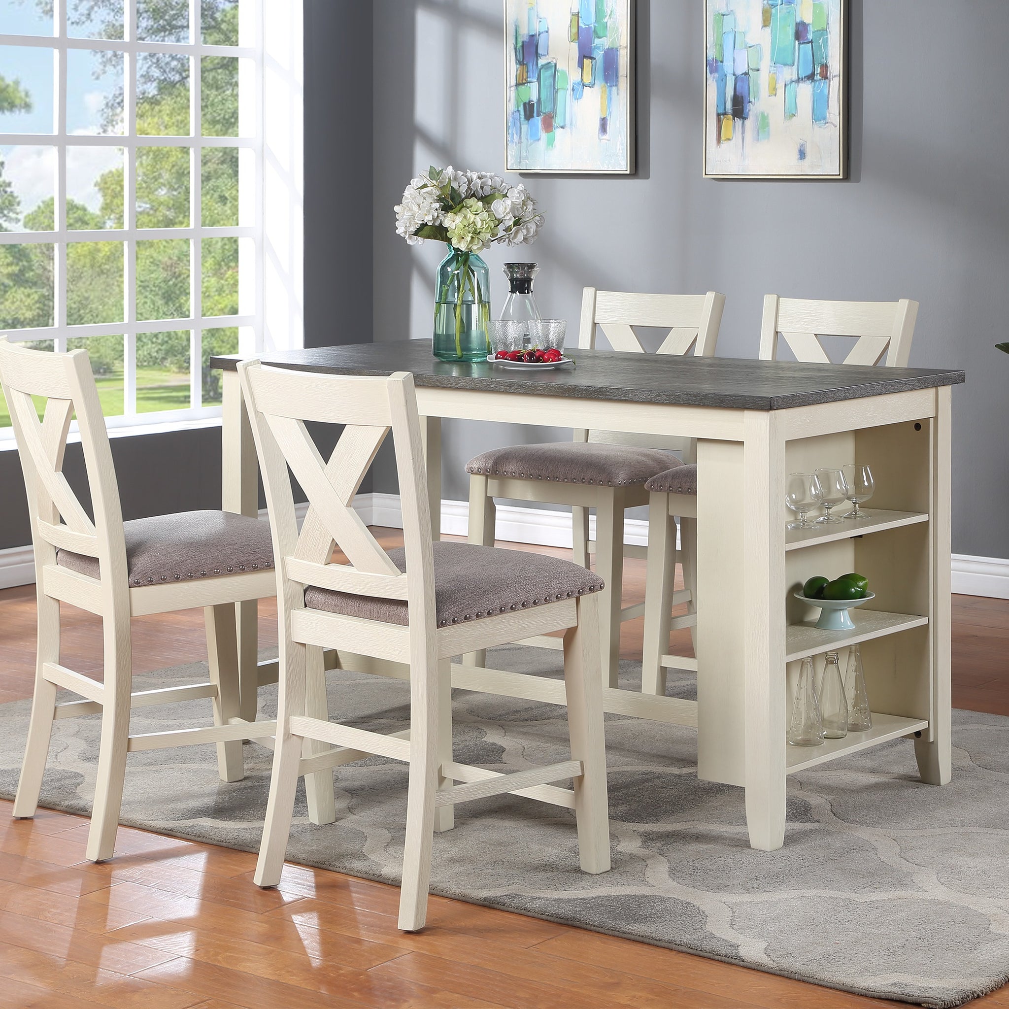 Modern Contemporary 5Pc Counter Height High Dining Table W Storage Shelves 4X High Chairs Wooden Kitchen Breakfast Table Dining Room Furniture Off White Solid Wood