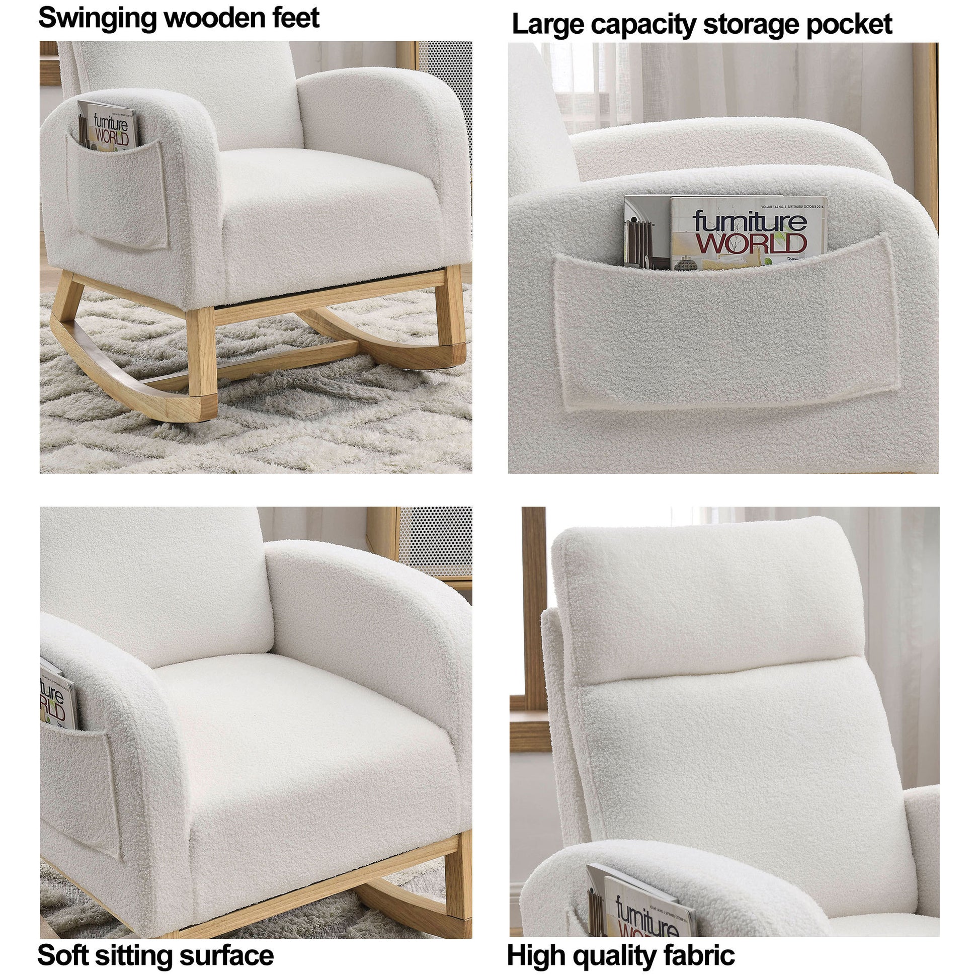 Video Welike 27.6"W Modern Accent High Backrest Living Room Lounge Arm Rocking Chair, Two Side Pocket ,Teddy White Ivory Ivory Foam Fabric