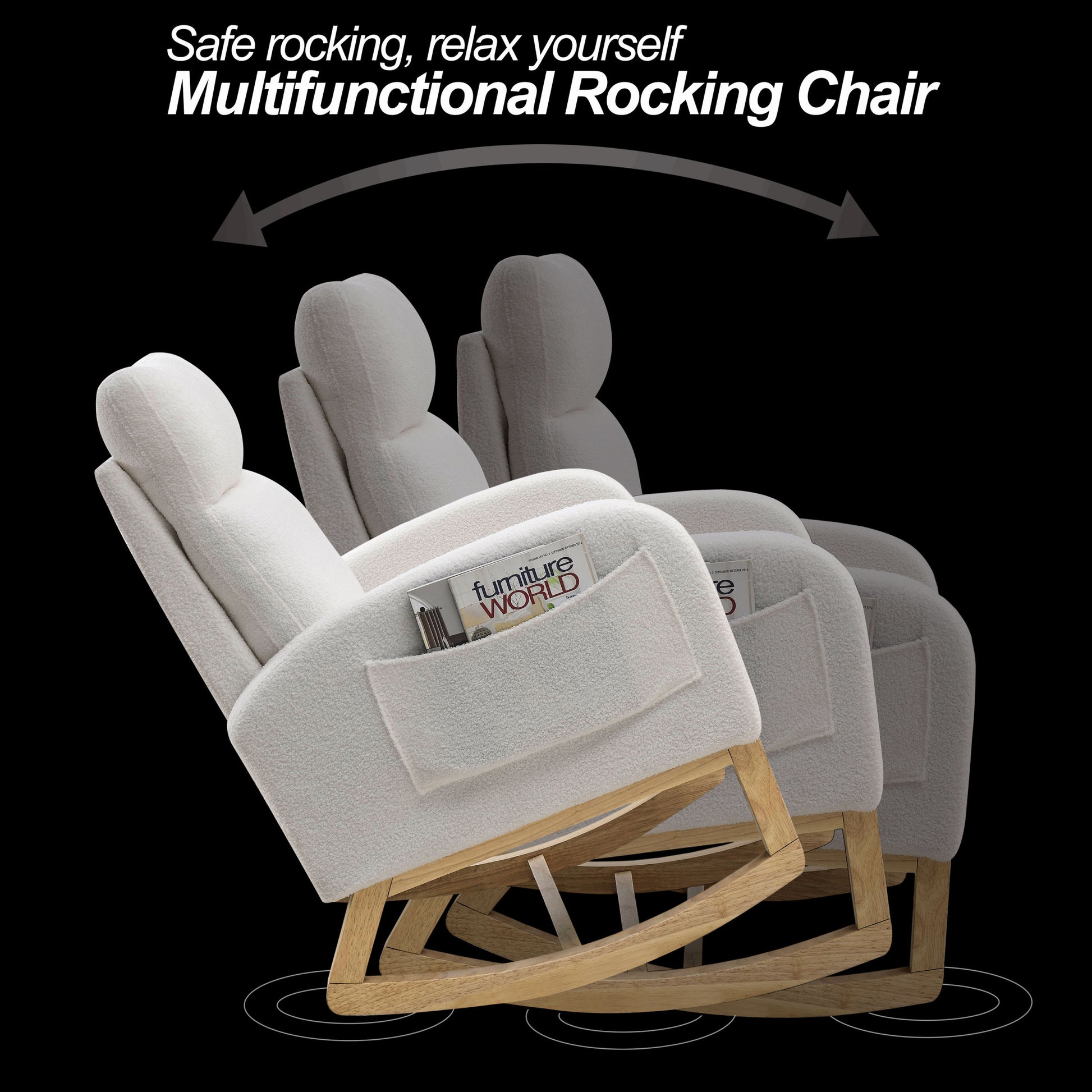 Video Welike 27.6"W Modern Accent High Backrest Living Room Lounge Arm Rocking Chair, Two Side Pocket ,Teddy White Ivory Ivory Foam Fabric
