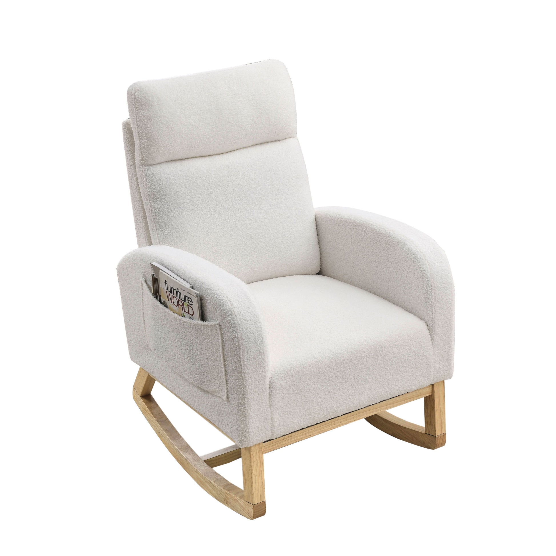 Video Welike 27.6"W Modern Accent High Backrest Living Room Lounge Arm Rocking Chair, Two Side Pocket ,Teddy White Ivory Ivory Foam Fabric