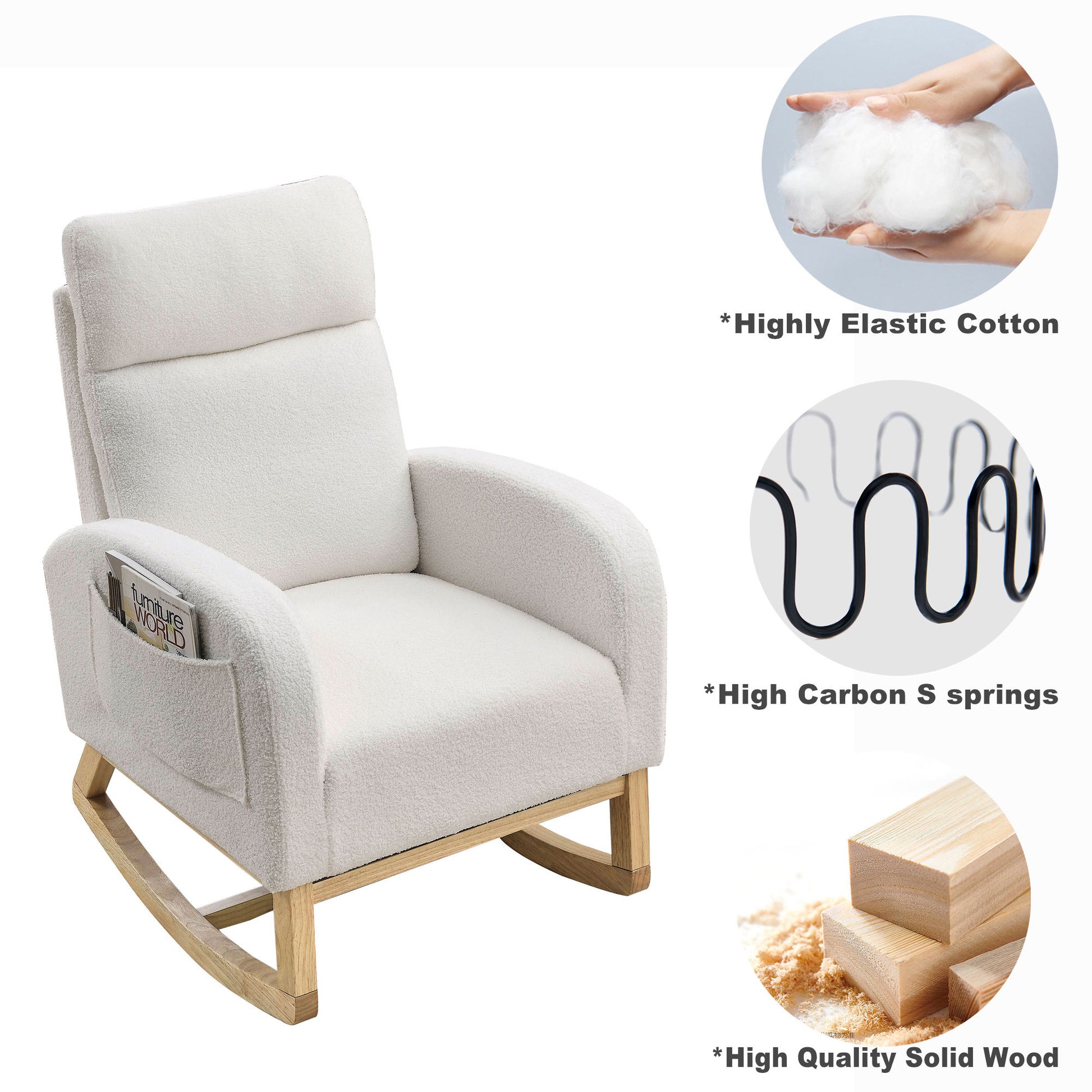 Video Welike 27.6"W Modern Accent High Backrest Living Room Lounge Arm Rocking Chair, Two Side Pocket ,Teddy White Ivory Ivory Foam Fabric