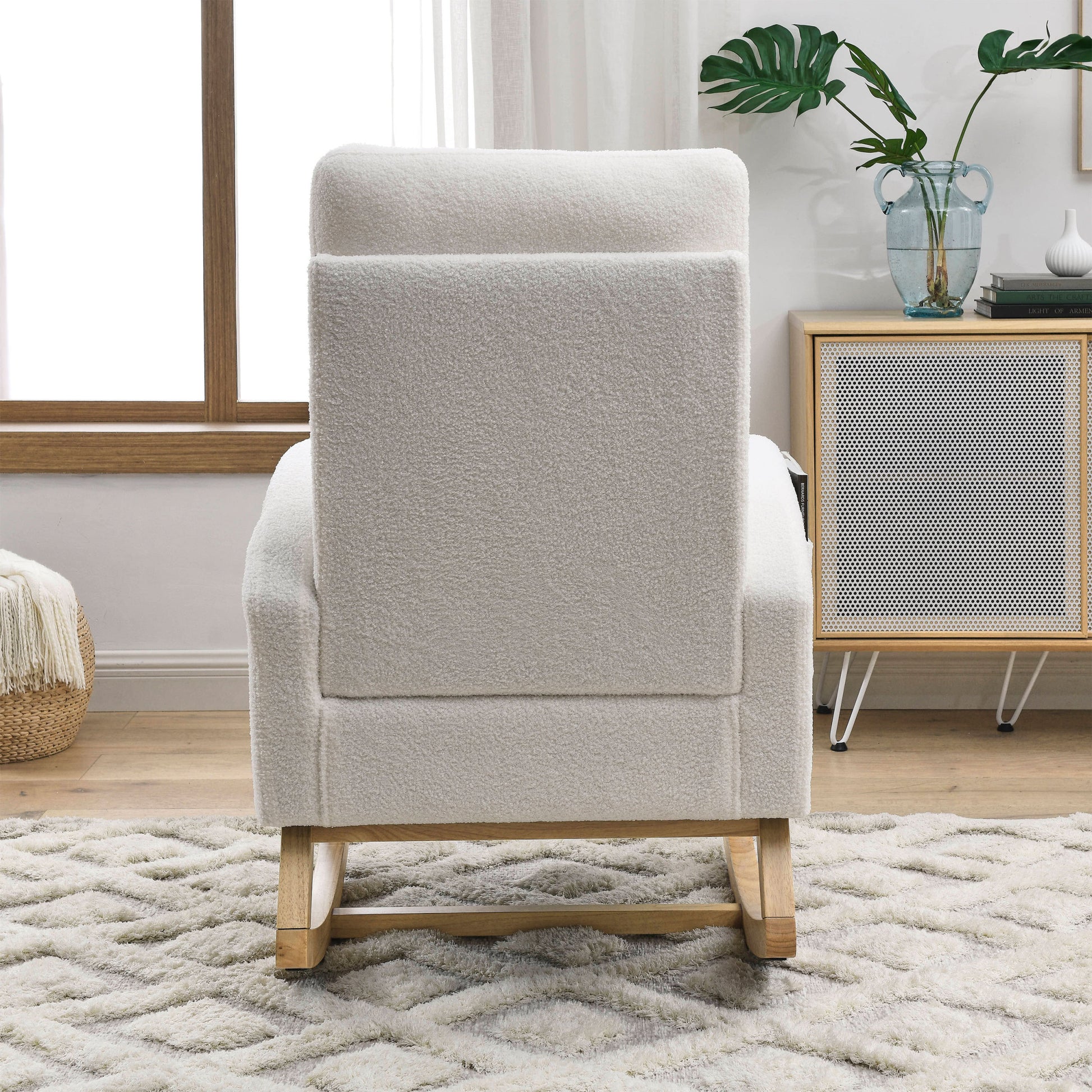 Video Welike 27.6"W Modern Accent High Backrest Living Room Lounge Arm Rocking Chair, Two Side Pocket ,Teddy White Ivory Ivory Foam Fabric