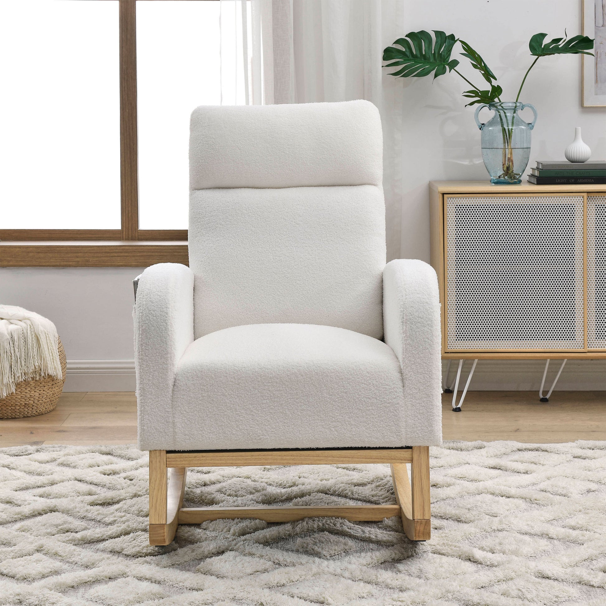 Video Welike 27.6"W Modern Accent High Backrest Living Room Lounge Arm Rocking Chair, Two Side Pocket ,Teddy White Ivory Ivory Foam Fabric