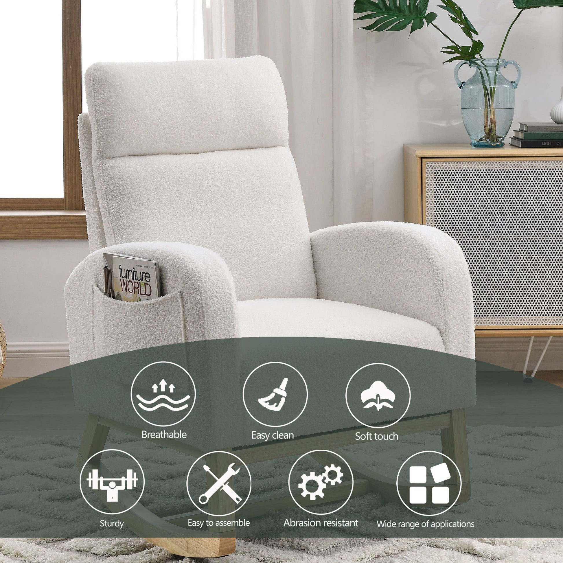 Video Welike 27.6"W Modern Accent High Backrest Living Room Lounge Arm Rocking Chair, Two Side Pocket ,Teddy White Ivory Ivory Foam Fabric