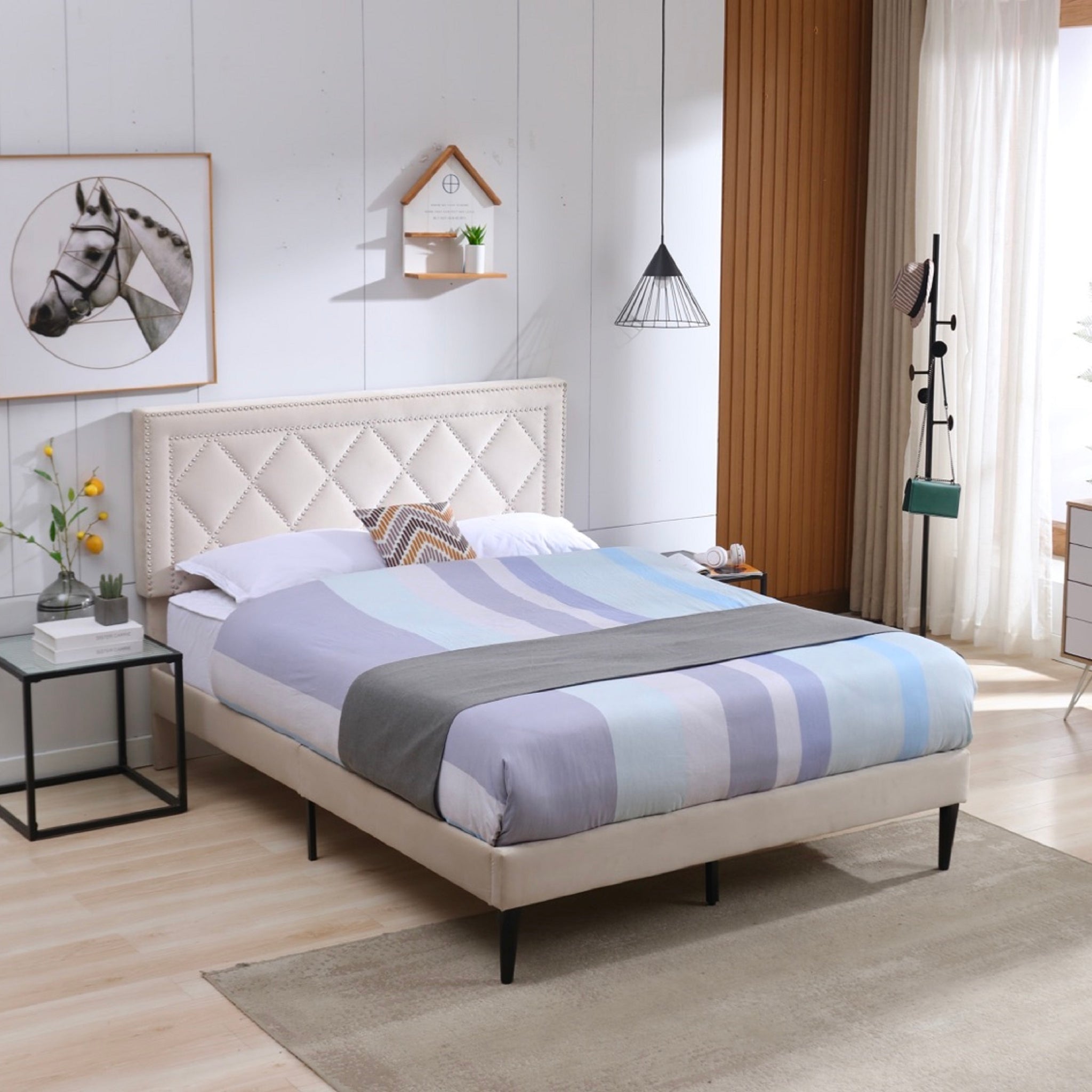 Modern Curved Upholstered Bed, Trim Queen Cream Plywood Fabric