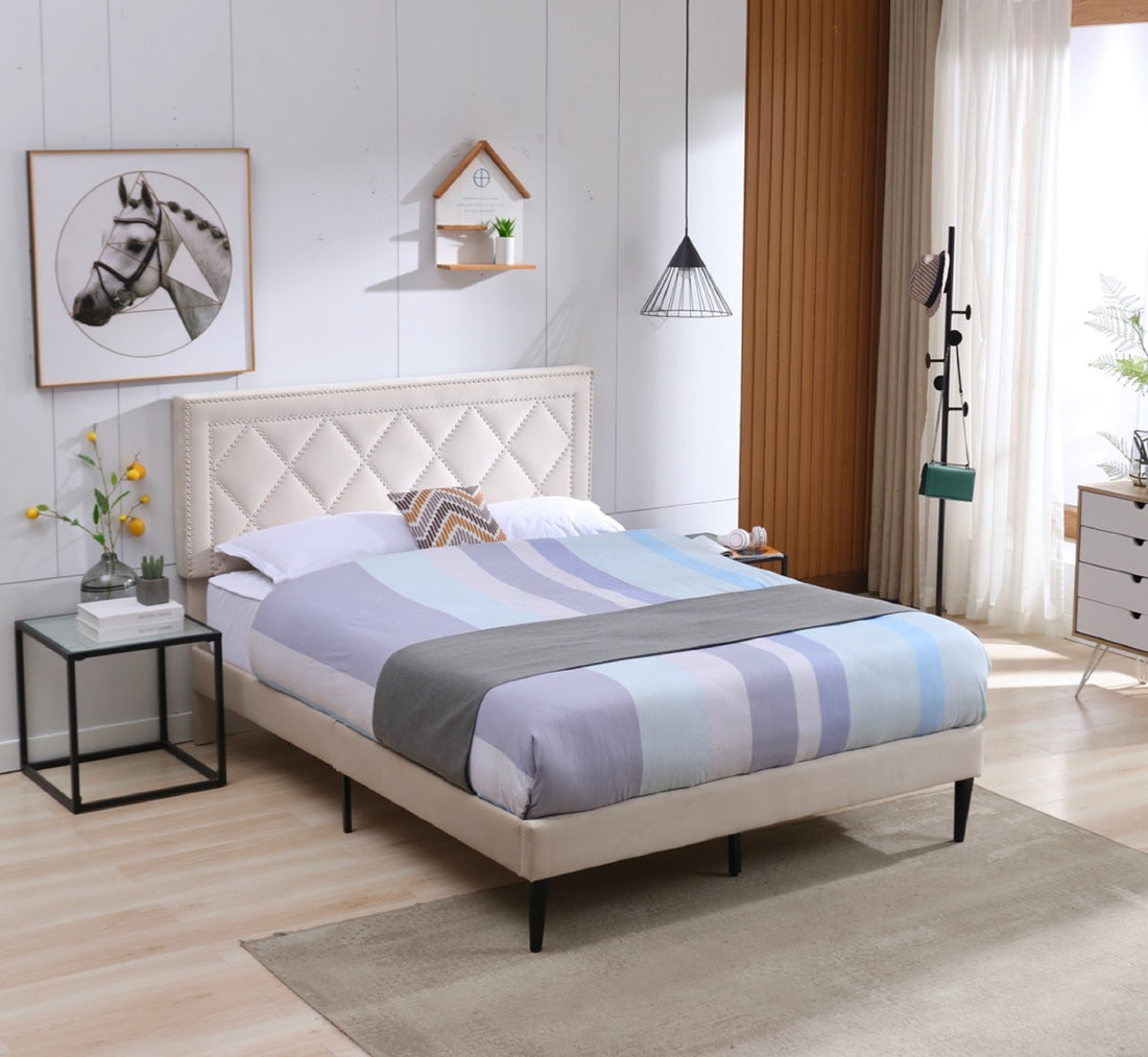 Modern Curved Upholstered Bed, Trim Queen Cream Plywood Fabric