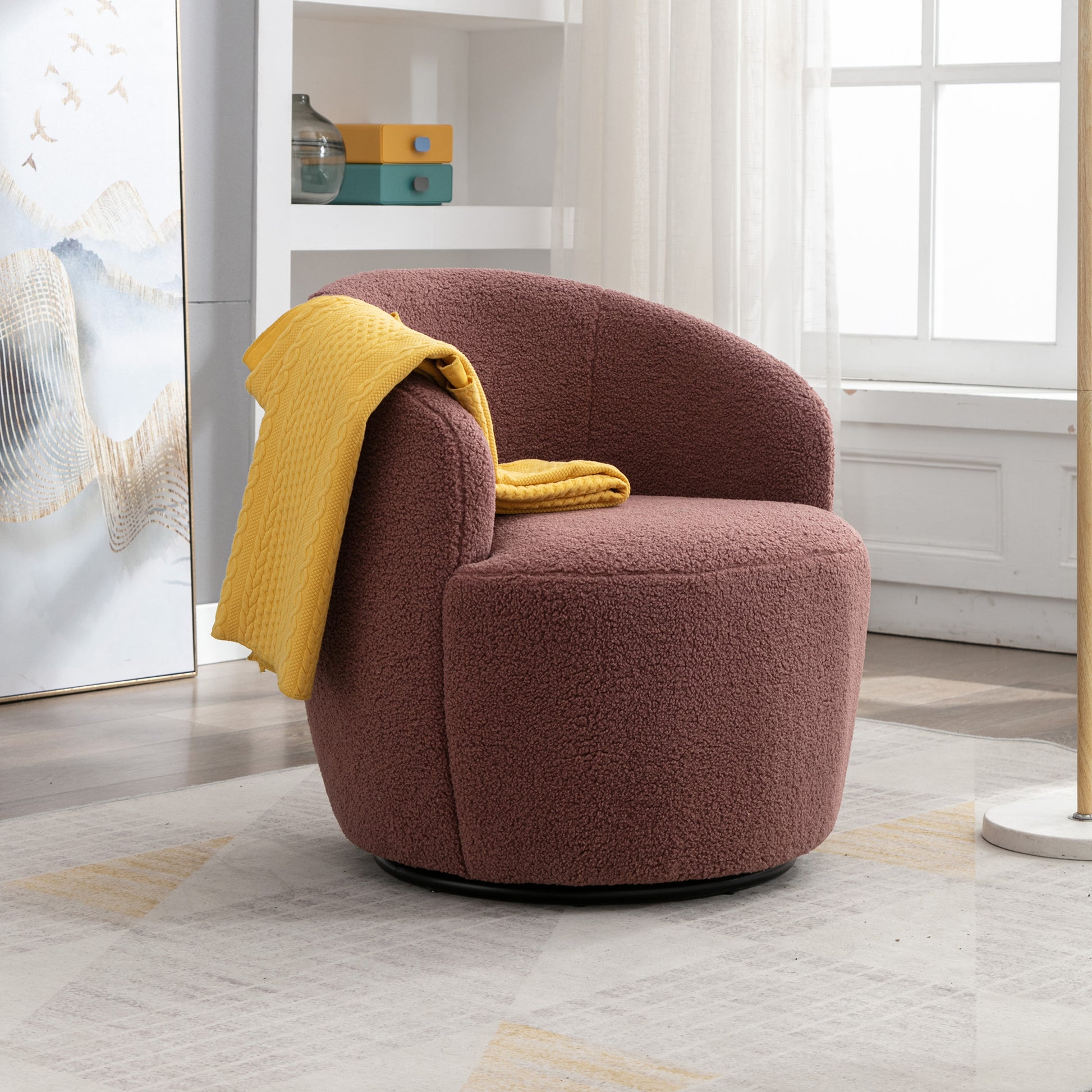 Teddy Fabric Swivel Accent Armchair Barrel Chair With Black Powder Coating Metal Ring,Dark Red Red Foam Upholstered