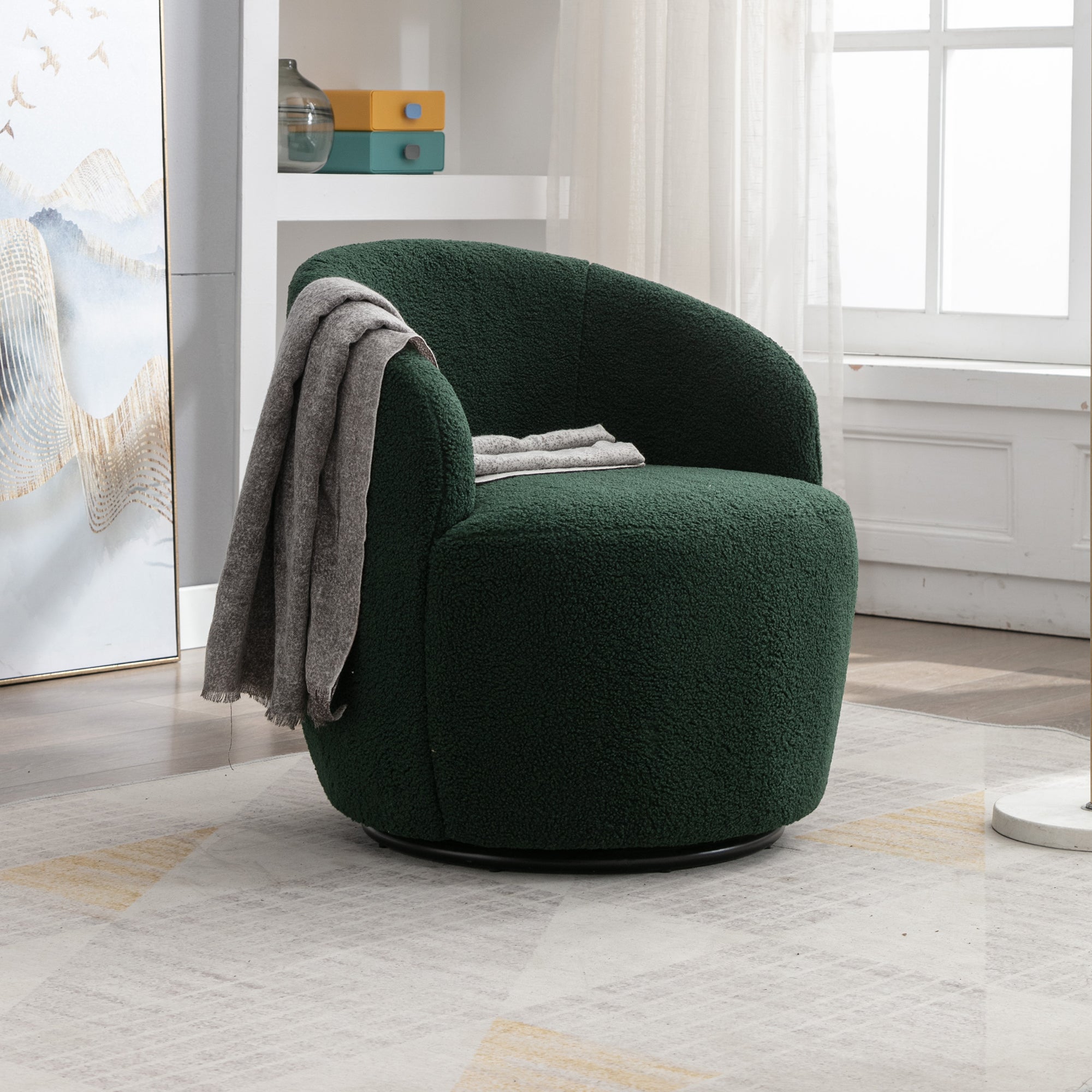 Teddy Fabric Swivel Accent Armchair Barrel Chair With Black Powder Coating Metal Ring,Dark Green Green Foam Upholstered