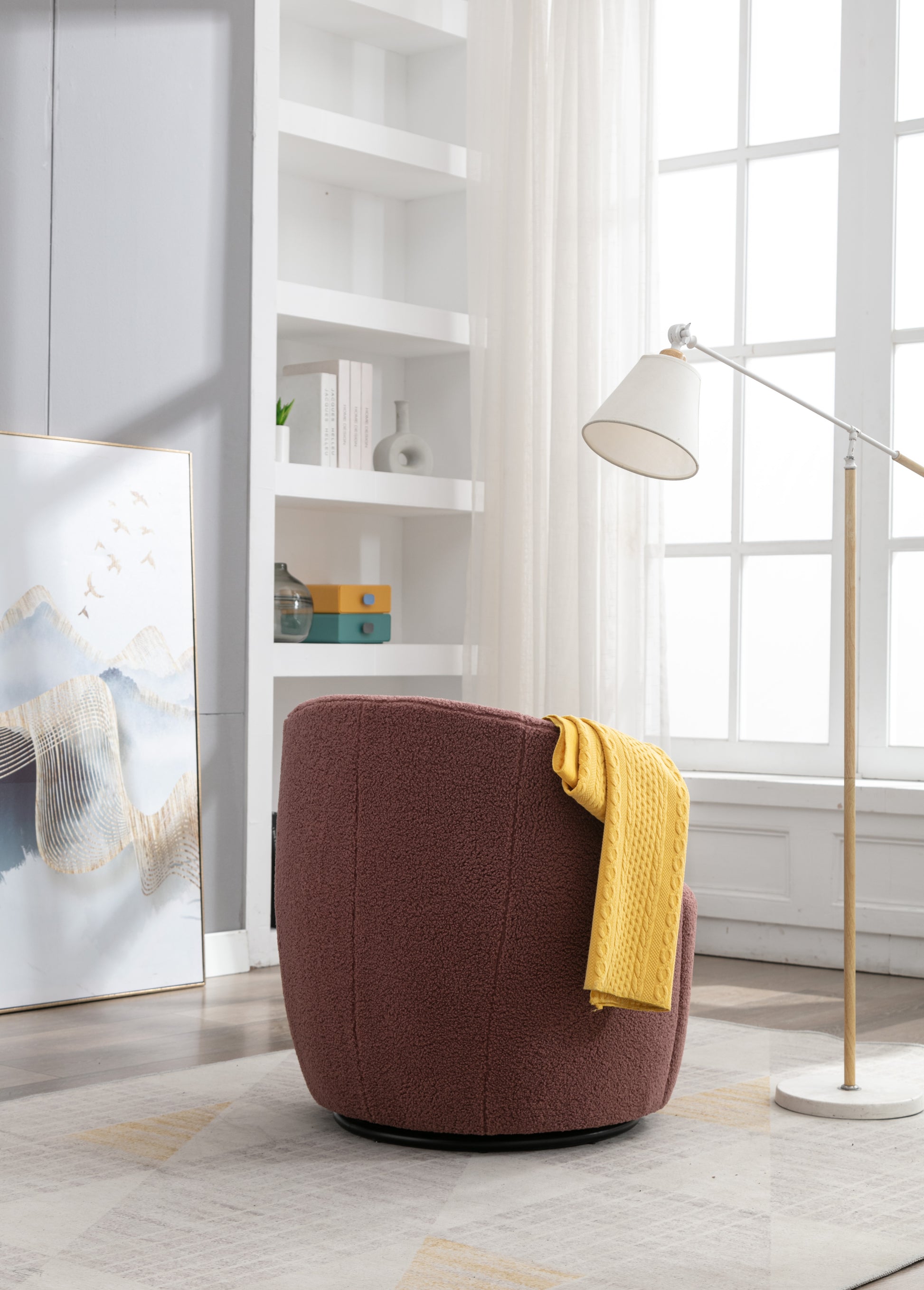 Teddy Fabric Swivel Accent Armchair Barrel Chair With Black Powder Coating Metal Ring,Dark Red Red Foam Upholstered