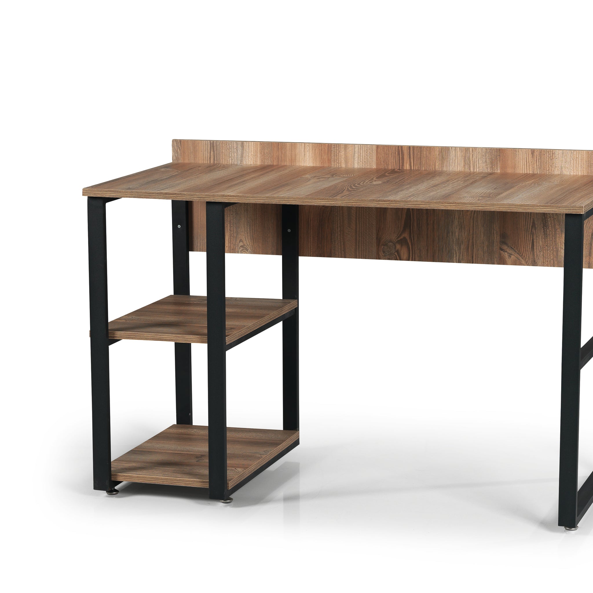 Furnish Home Store Rasse Black Metal Frame 58" Wooden Top 2 Shelves Writing And Computer Desk For Home Office, Oak Black Solid Wood