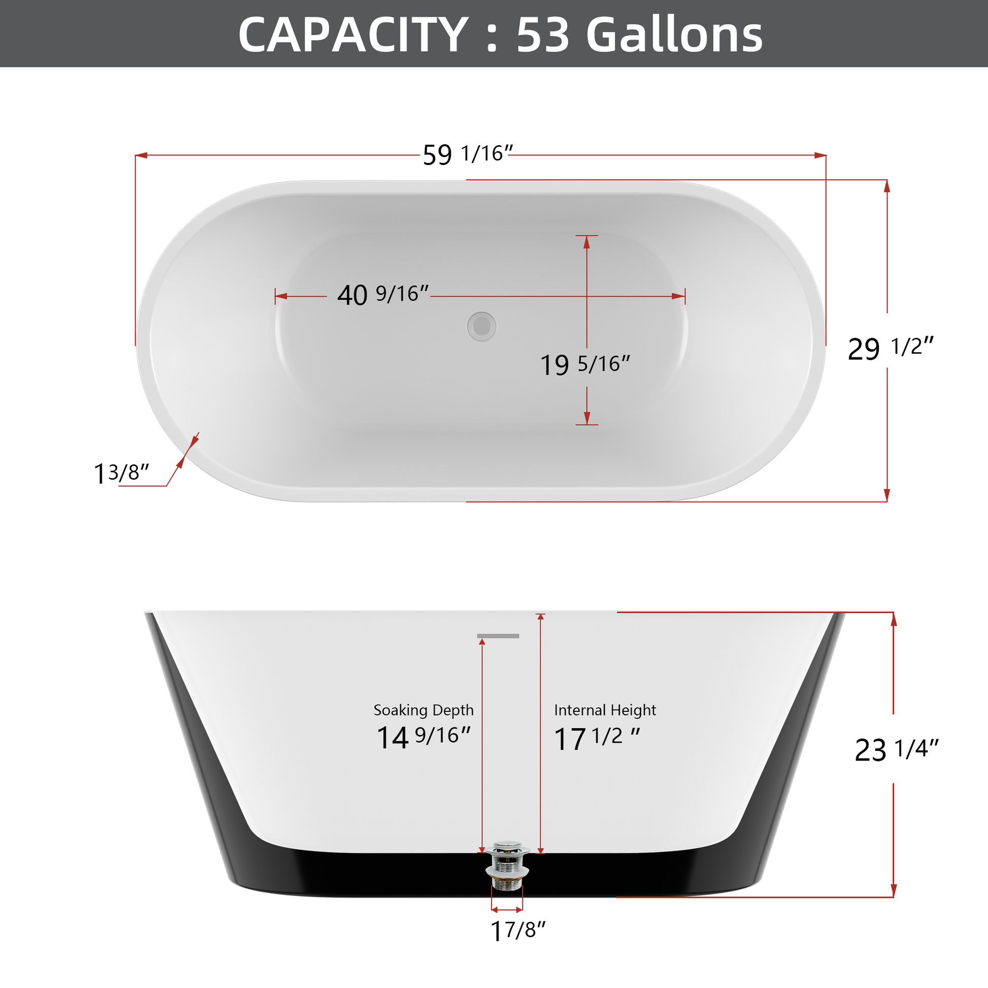 59" Acrylic Free Standing Tub Classic Oval Shape Soaking Tub, Adjustable Freestanding Bathtub With Integrated Slotted Overflow And Chrome Pop Up Drain Anti Clogging Gloss Black Black Oval Bathroom Freestanding Tubs Polished 59 61 In Modern Soaking Center