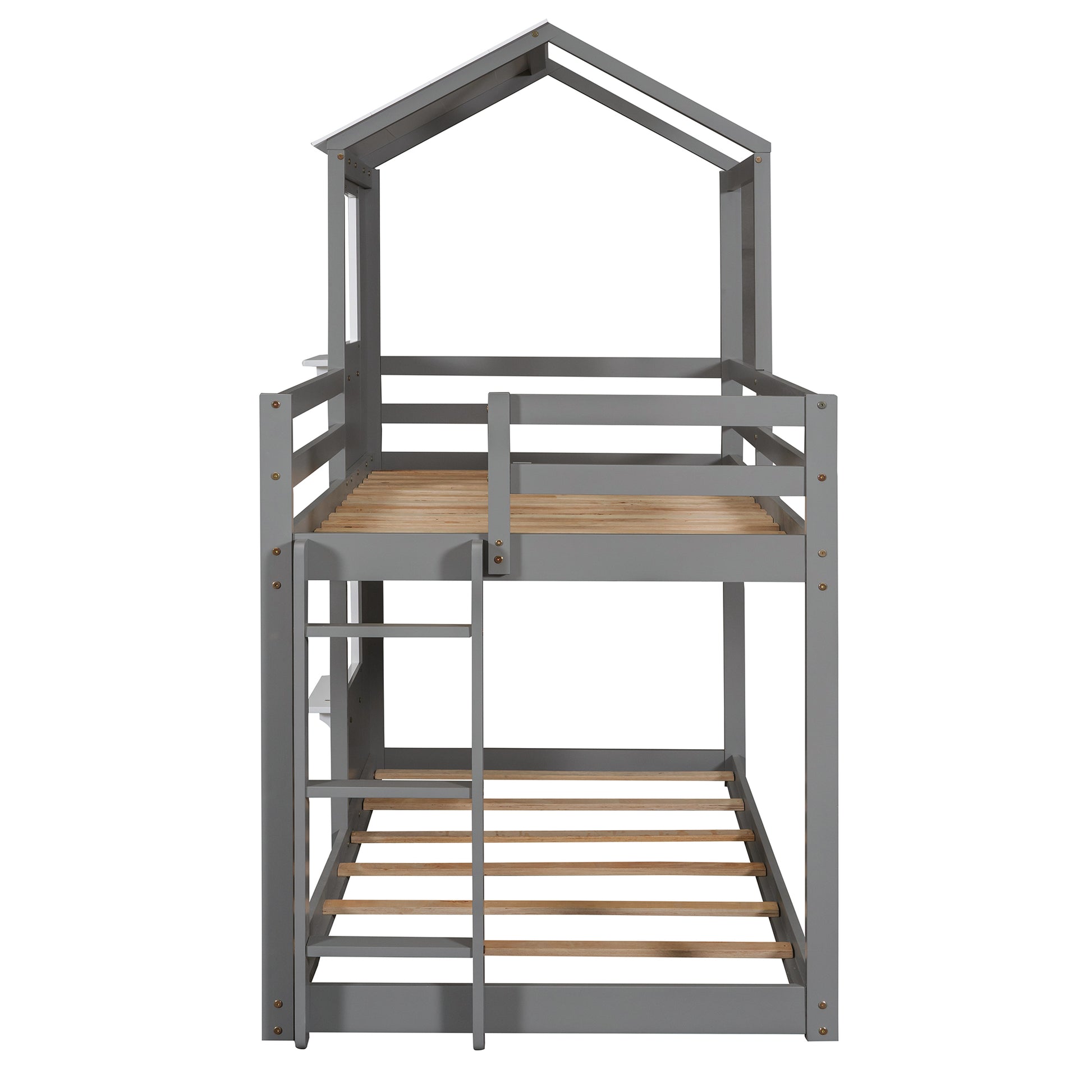 Twin Over Twin Bunk Bed Wood Bed With Roof, Window, Guardrail, Ladder White Grey Solid Wood
