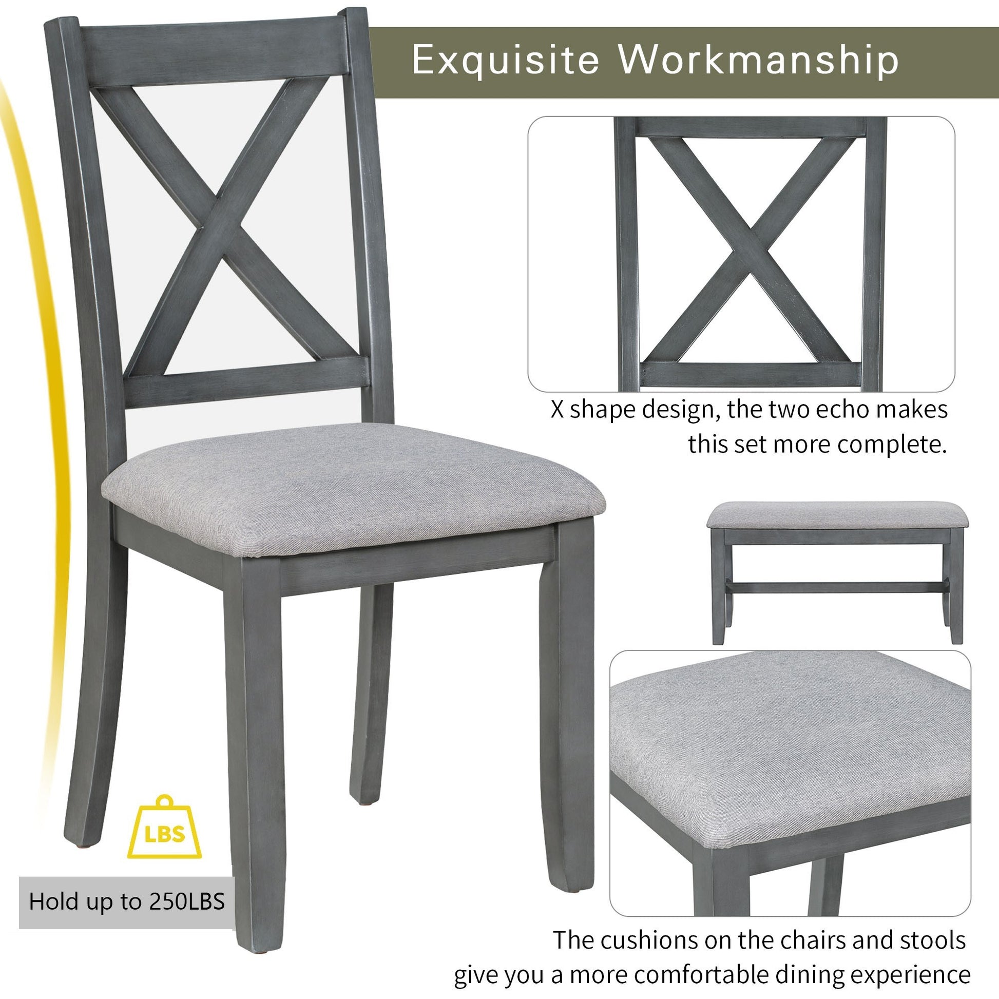 6 Piece Family Dining Room Set Solid Wood Space Saving Foldable Table And 4 Chairs With Bench For Dining Room Gray Gray Solid Wood