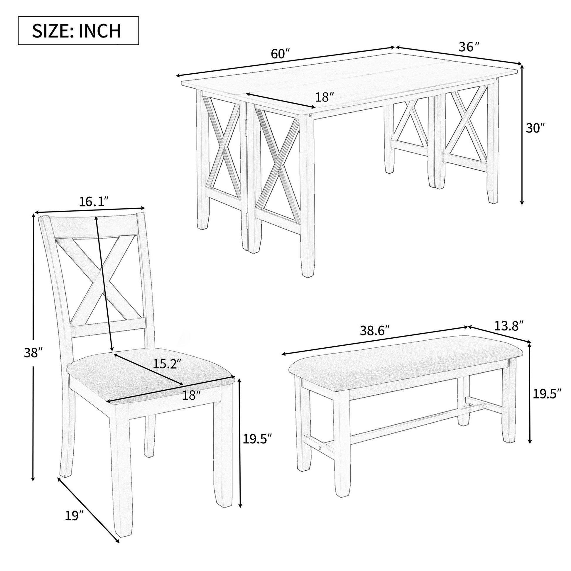 6 Piece Family Dining Room Set Solid Wood Space Saving Foldable Table And 4 Chairs With Bench For Dining Room Gray Gray Solid Wood