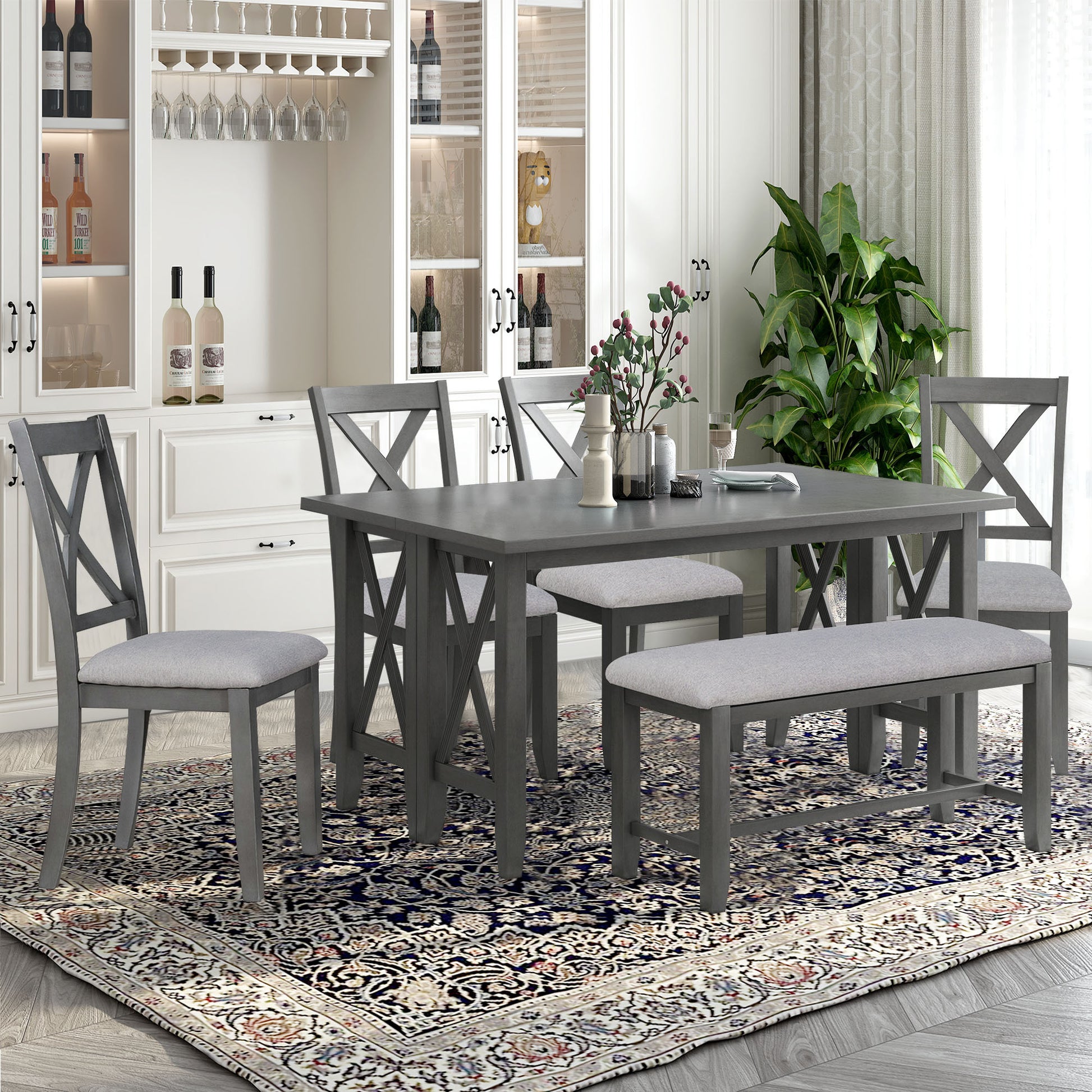 6 Piece Family Dining Room Set Solid Wood Space Saving Foldable Table And 4 Chairs With Bench For Dining Room Gray Gray Solid Wood
