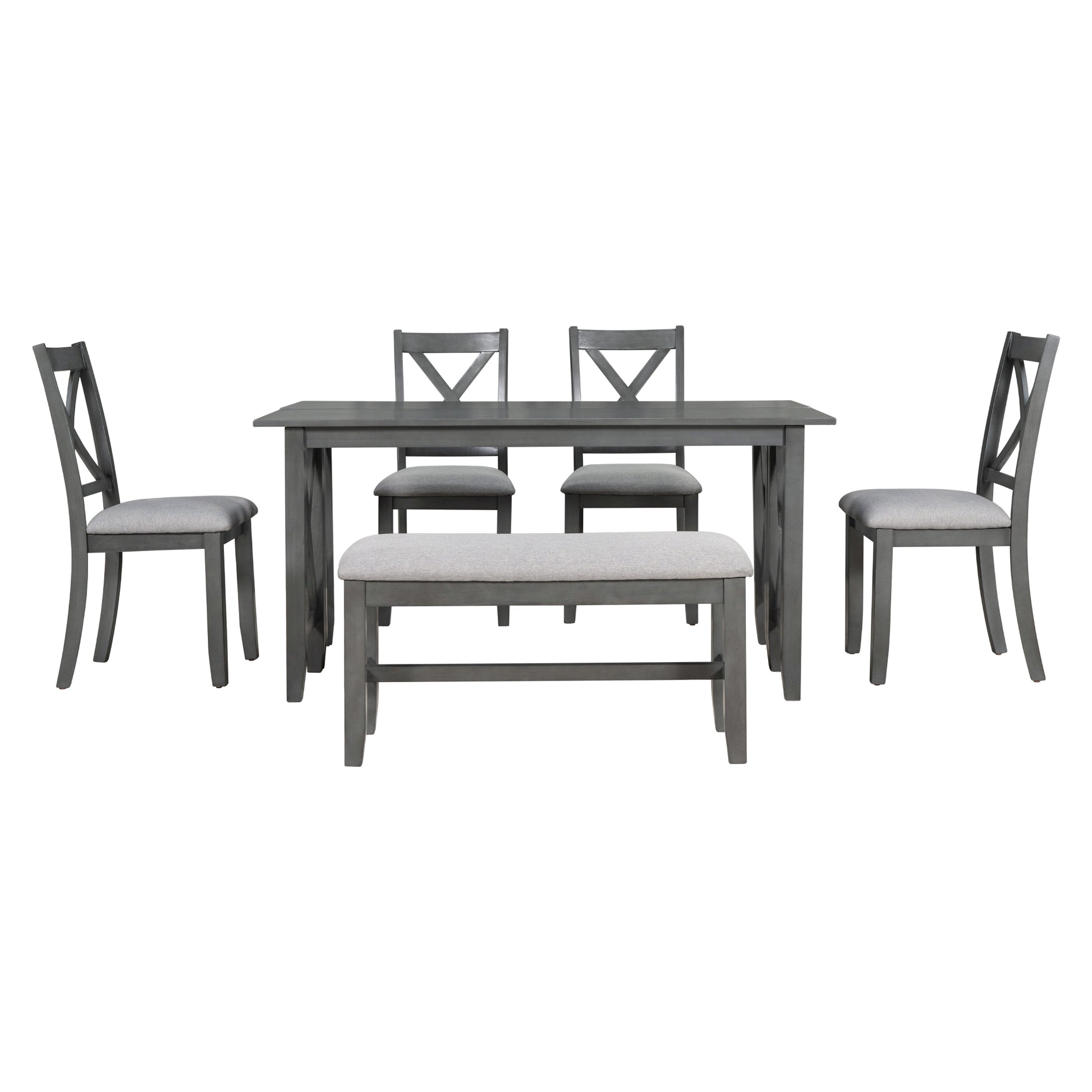 6 Piece Family Dining Room Set Solid Wood Space Saving Foldable Table And 4 Chairs With Bench For Dining Room Gray Gray Solid Wood