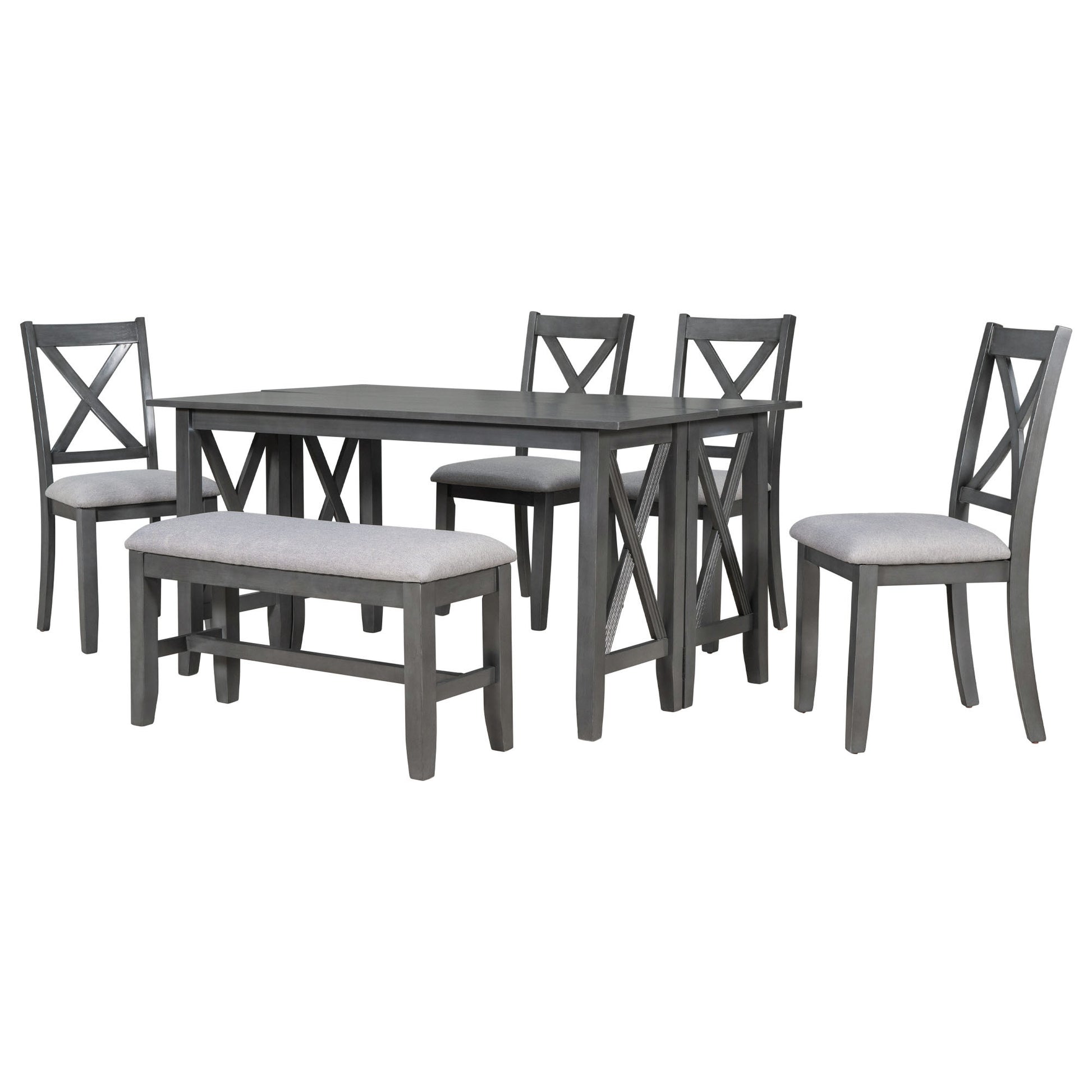 6 Piece Family Dining Room Set Solid Wood Space Saving Foldable Table And 4 Chairs With Bench For Dining Room Gray Gray Solid Wood