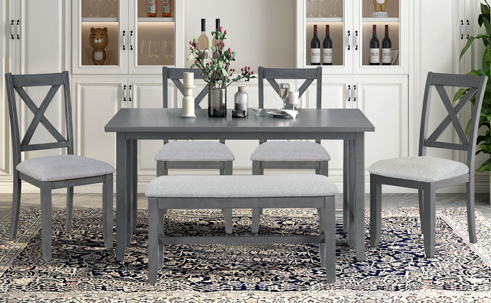 6 Piece Family Dining Room Set Solid Wood Space Saving Foldable Table And 4 Chairs With Bench For Dining Room Gray Gray Solid Wood