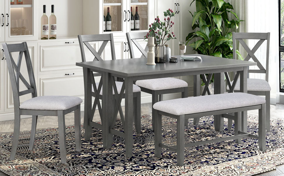 6 Piece Family Dining Room Set Solid Wood Space Saving Foldable Table And 4 Chairs With Bench For Dining Room Gray Gray Solid Wood