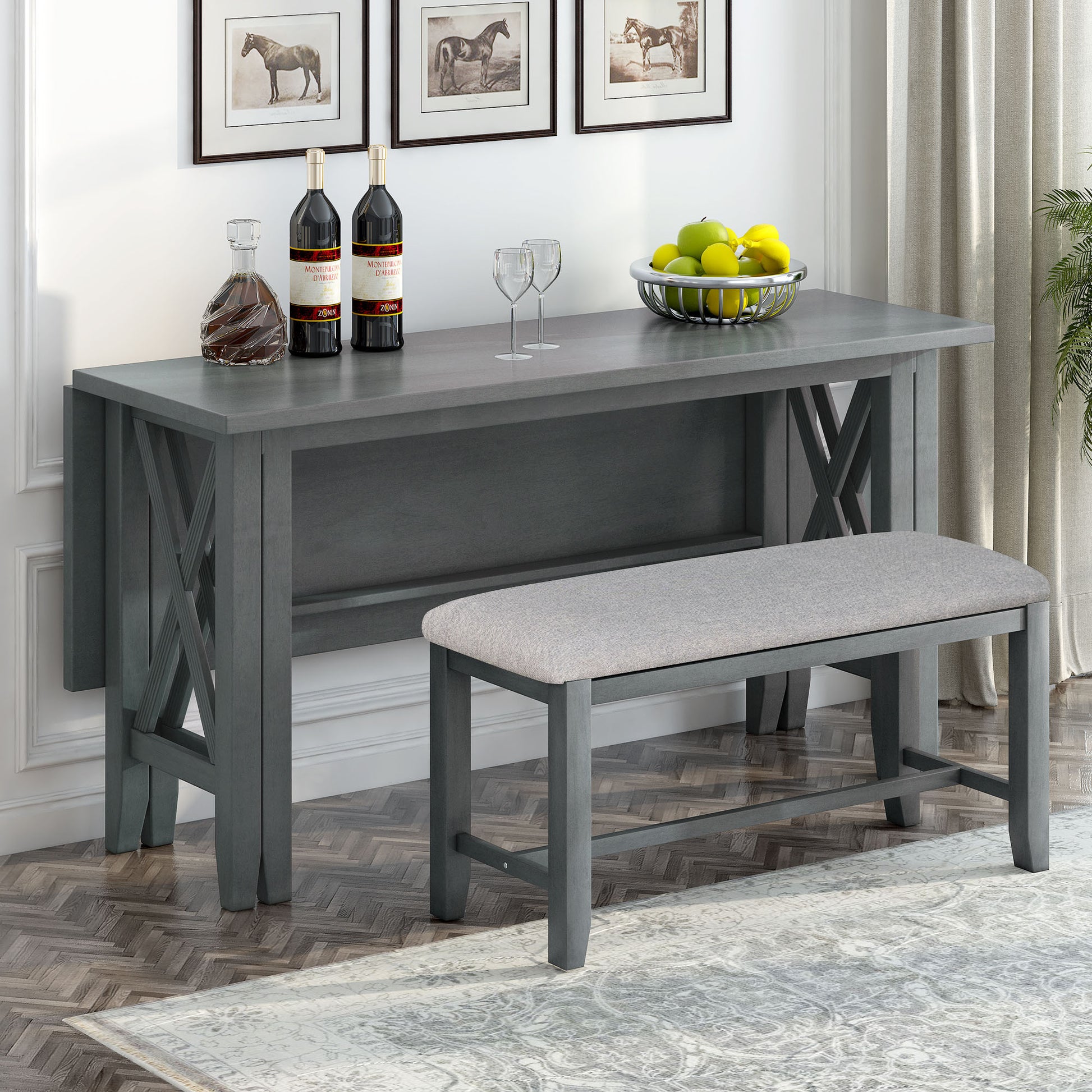 6 Piece Family Dining Room Set Solid Wood Space Saving Foldable Table And 4 Chairs With Bench For Dining Room Gray Gray Solid Wood