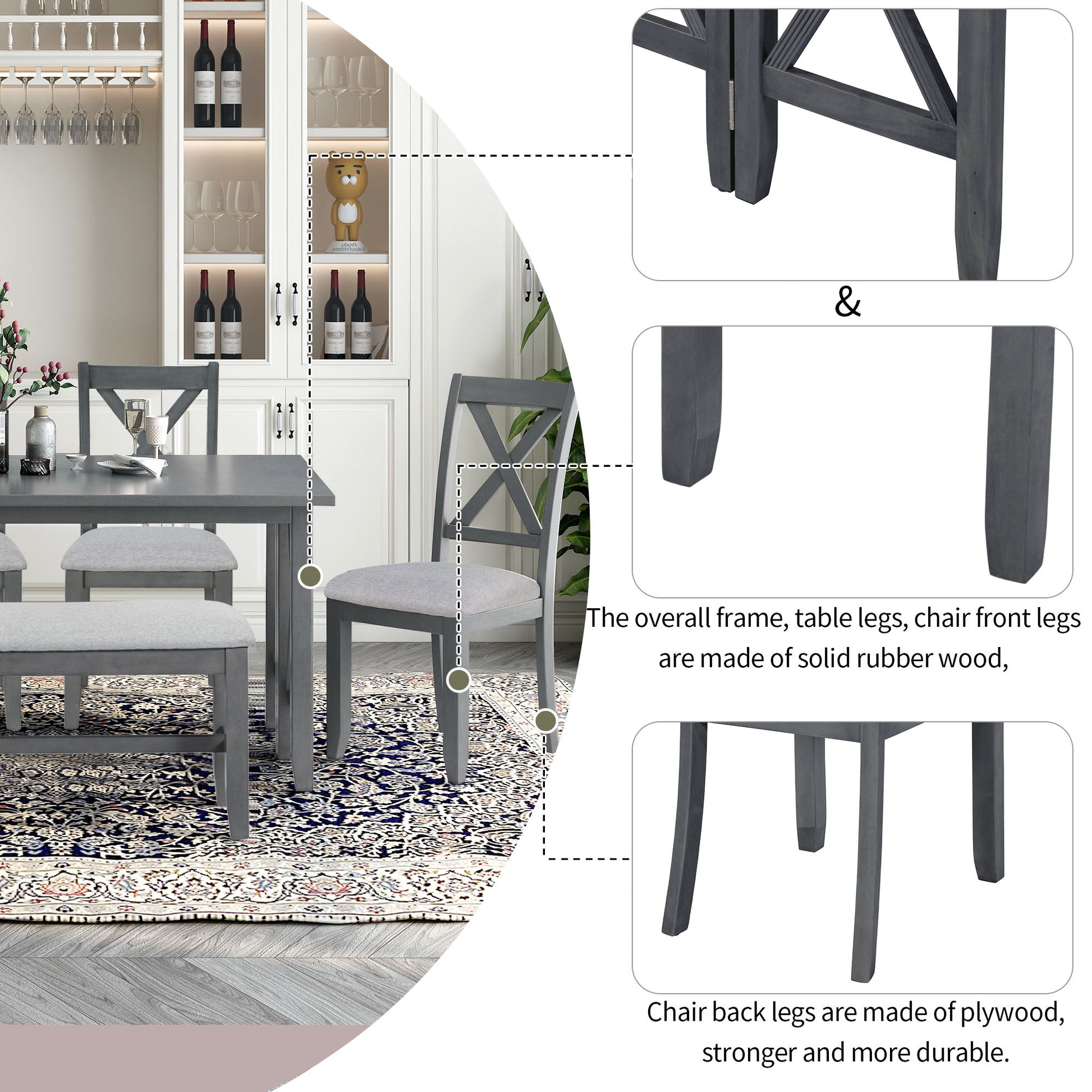 6 Piece Family Dining Room Set Solid Wood Space Saving Foldable Table And 4 Chairs With Bench For Dining Room Gray Gray Solid Wood