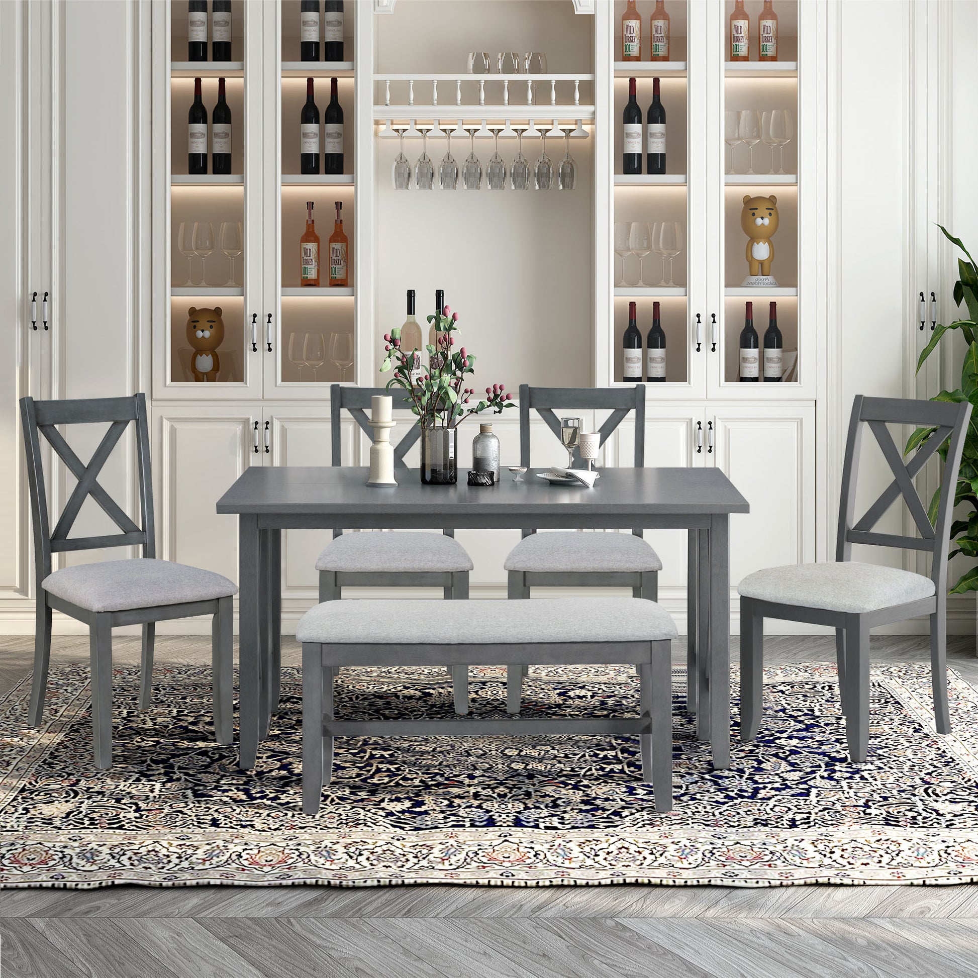 6 Piece Family Dining Room Set Solid Wood Space Saving Foldable Table And 4 Chairs With Bench For Dining Room Gray Gray Solid Wood